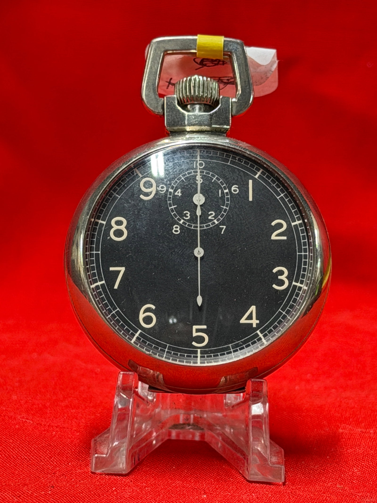 WW2 Elgin Military Style Pocket Watch 15 Jewel Black Dial: Elgin pocket watch featuring black dial with luminous-style Arabic numerals, subsidiary seconds register, and nickel-tone case. Movement marked Elgin Natl Watch Co. U.S.A. with 15 jewels and serial ma