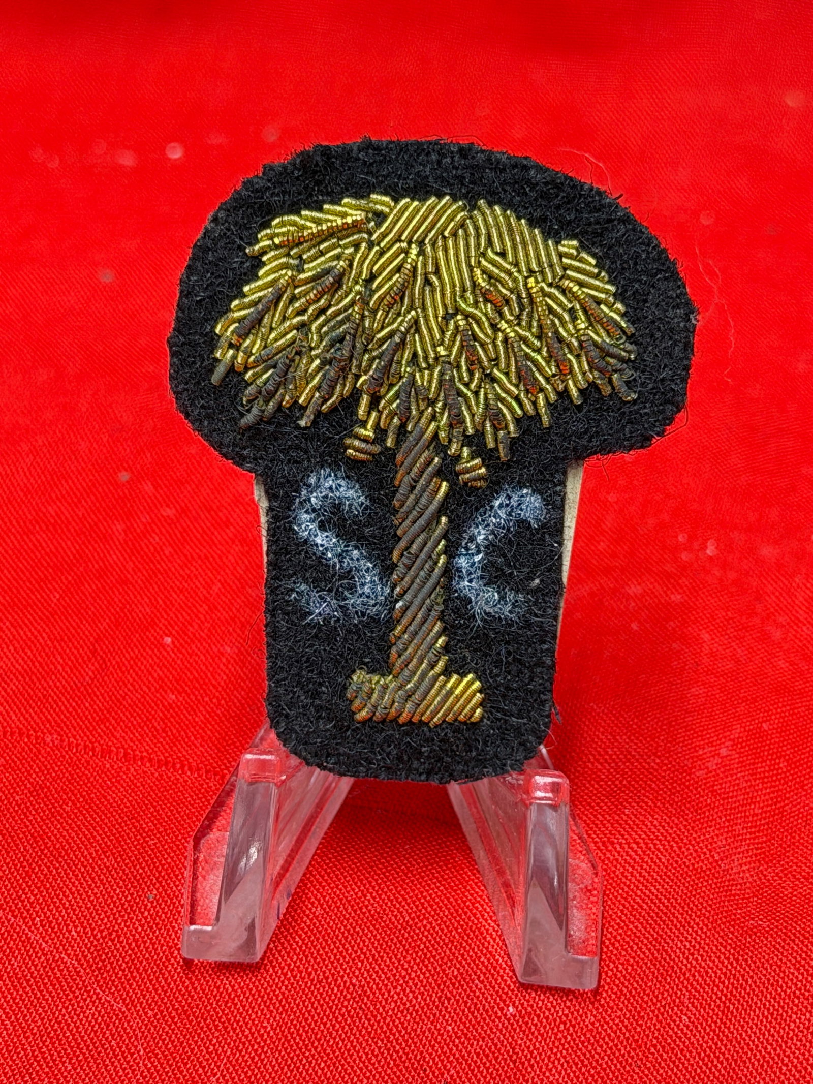 Civil War Bullion Wire Palm Tree Military Patch South Carolina Palmetto Insignia: Bullion wire embroidered military-style insignia patch featuring detailed palmetto tree design on black felt backing with “SC” lettering at sides, likely representing South Carolina or Palmett