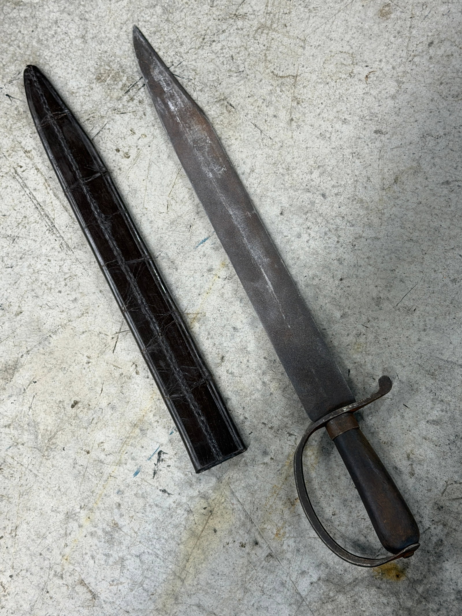 Civil War Era Confederate D-Guard Bowie Knife by Boyle, Gamble & MacFee with Sheath: Offered here is a scarce and highly desirable Civil War era Confederate style D-Guard Bowie knife retaining its original leather sheath and bearing a faint maker’s mark for “Boyle, Gamble & MacFee