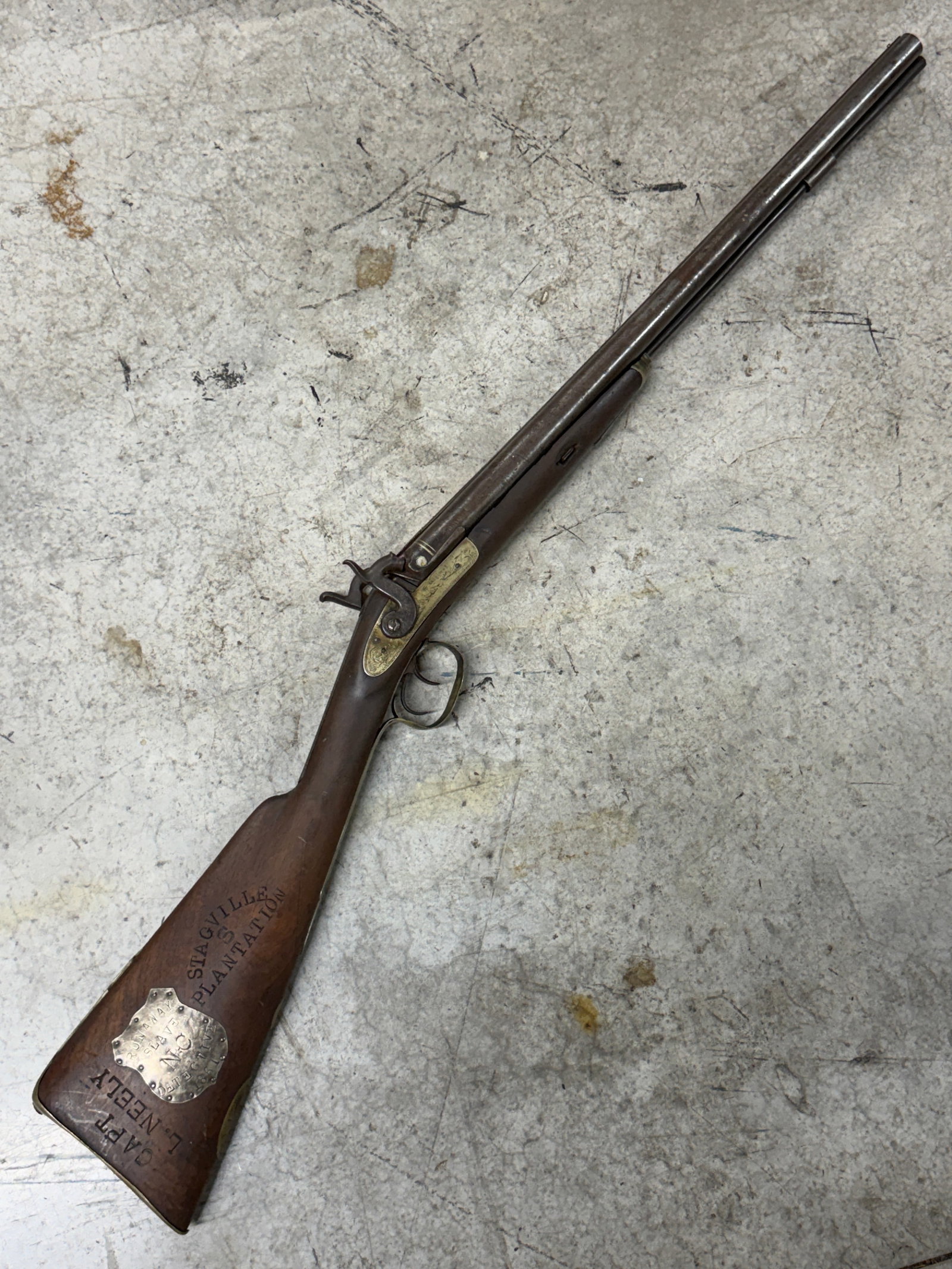 Civil War Era “Runaway Slave Detective?? Double Barrel Percussion Shotgun: Marked to Capt. L. Neely – Stagville Plantation, North Carolina – Dated 1861. In our opinion this is a rare and historically significant mid-19th century side-by-side percussion double barrel shot