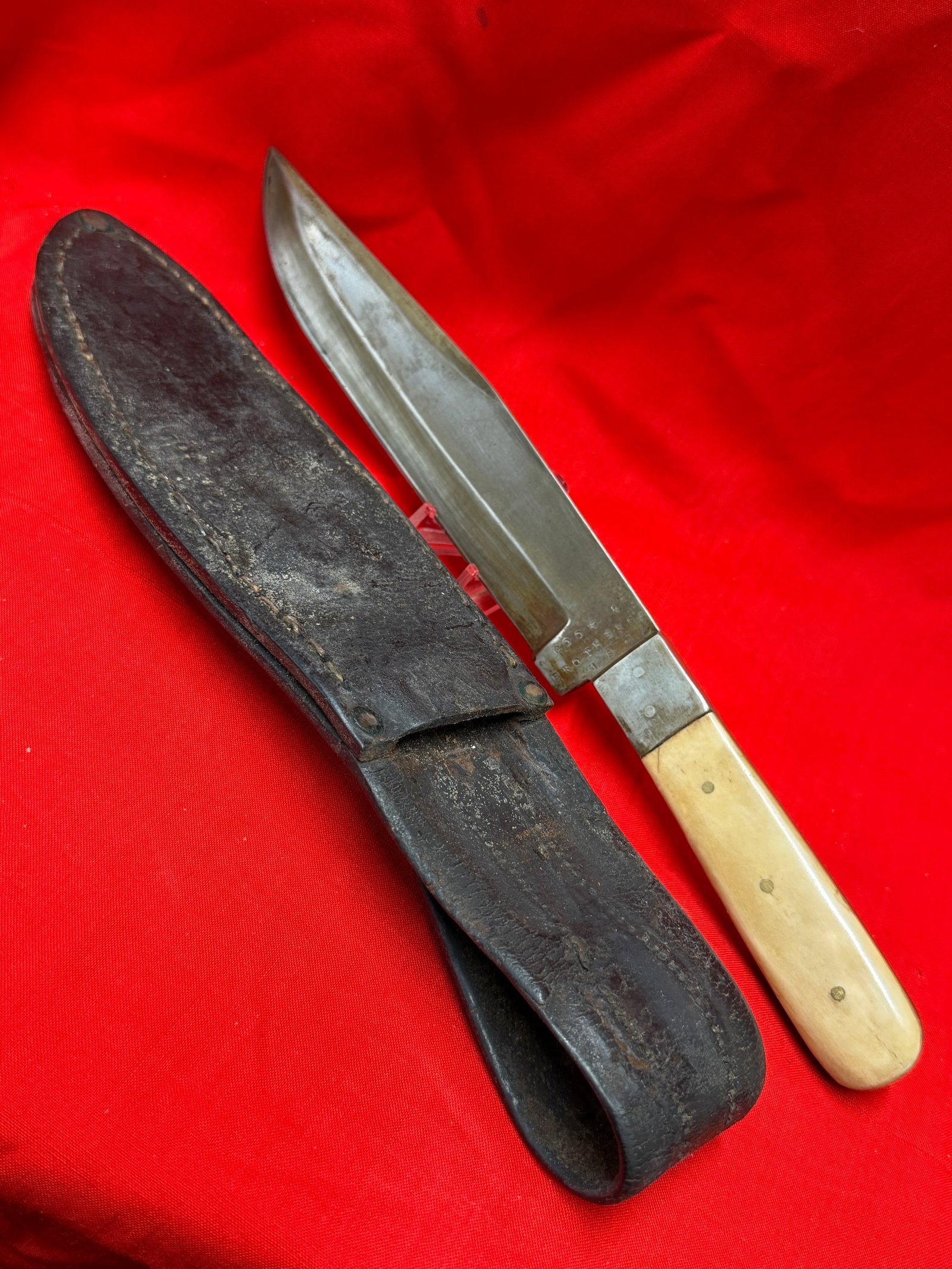 Cook & Brothers 1862 New Orleans Civil War Style Knife w/ Leather Sheath – Bone Handle Fixed Blade: Antique Civil War era style fixed blade knife marked “COOK & BROTHERS 1862 NEW ORLEANS LA.” featuring a spear/clip-point blade, smooth bone handle scales, full tang construction, and period-st