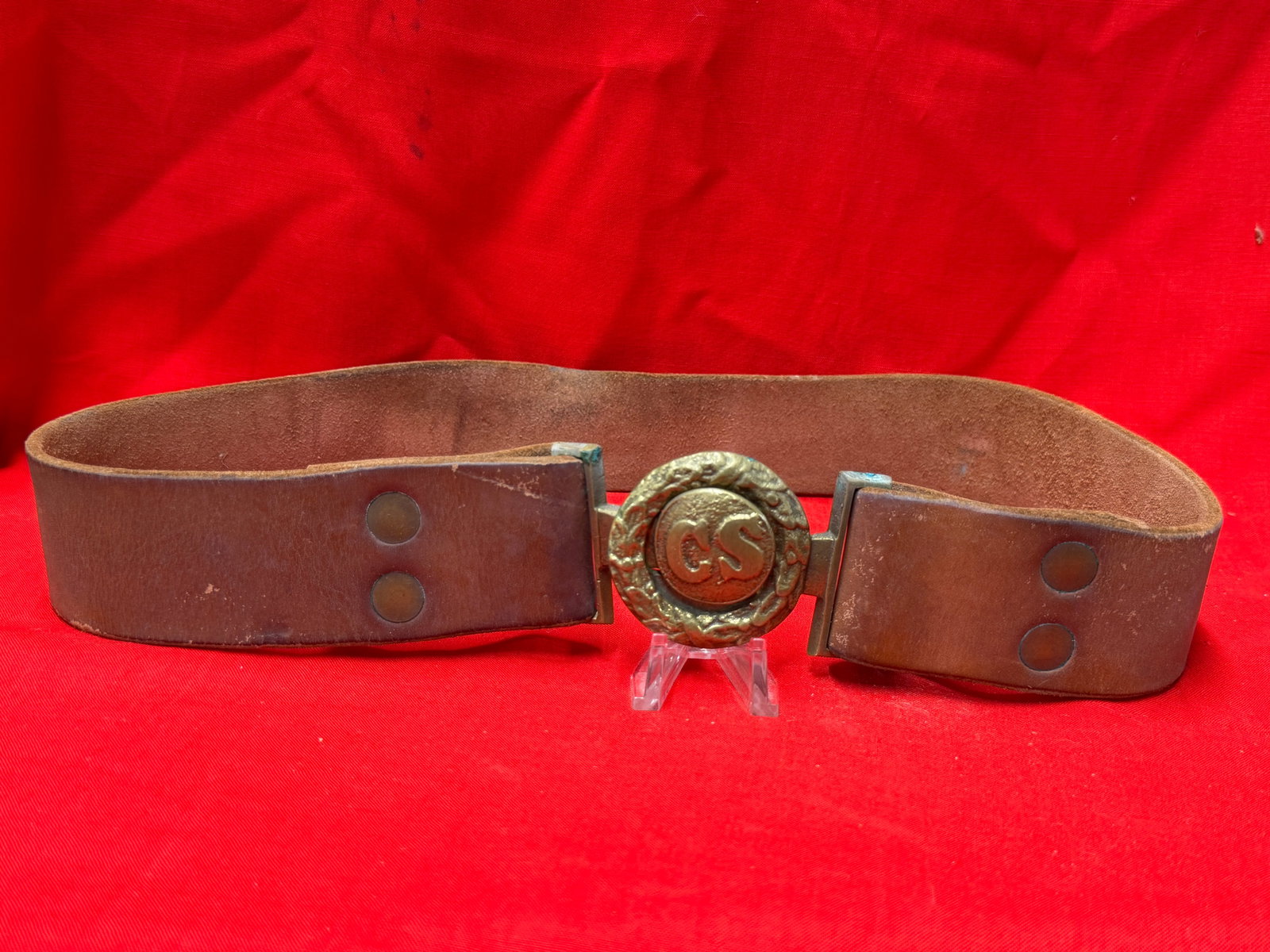 Civil War Era Style CS Confederate States Belt Buckle With Leather Belt Display Piece (1 of 5)