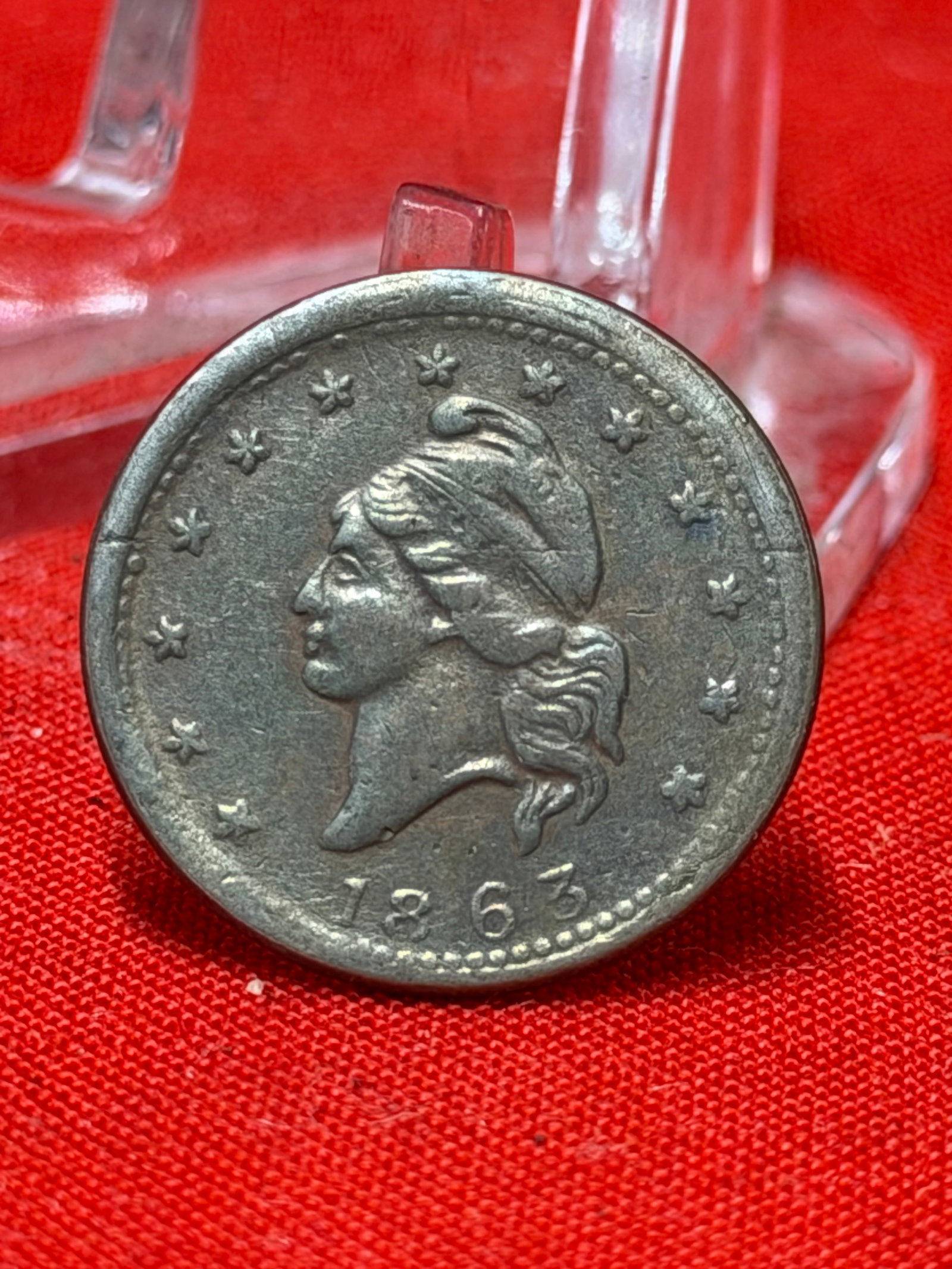 1863 The Constitution Must And Shall Be Preserved Civil War Token Coin: 1863 Civil War token featuring Liberty head portrait on the obverse and The Constitution Must And Shall Be Preserved patriotic message on the reverse. In our opinion this token displays strong letteri