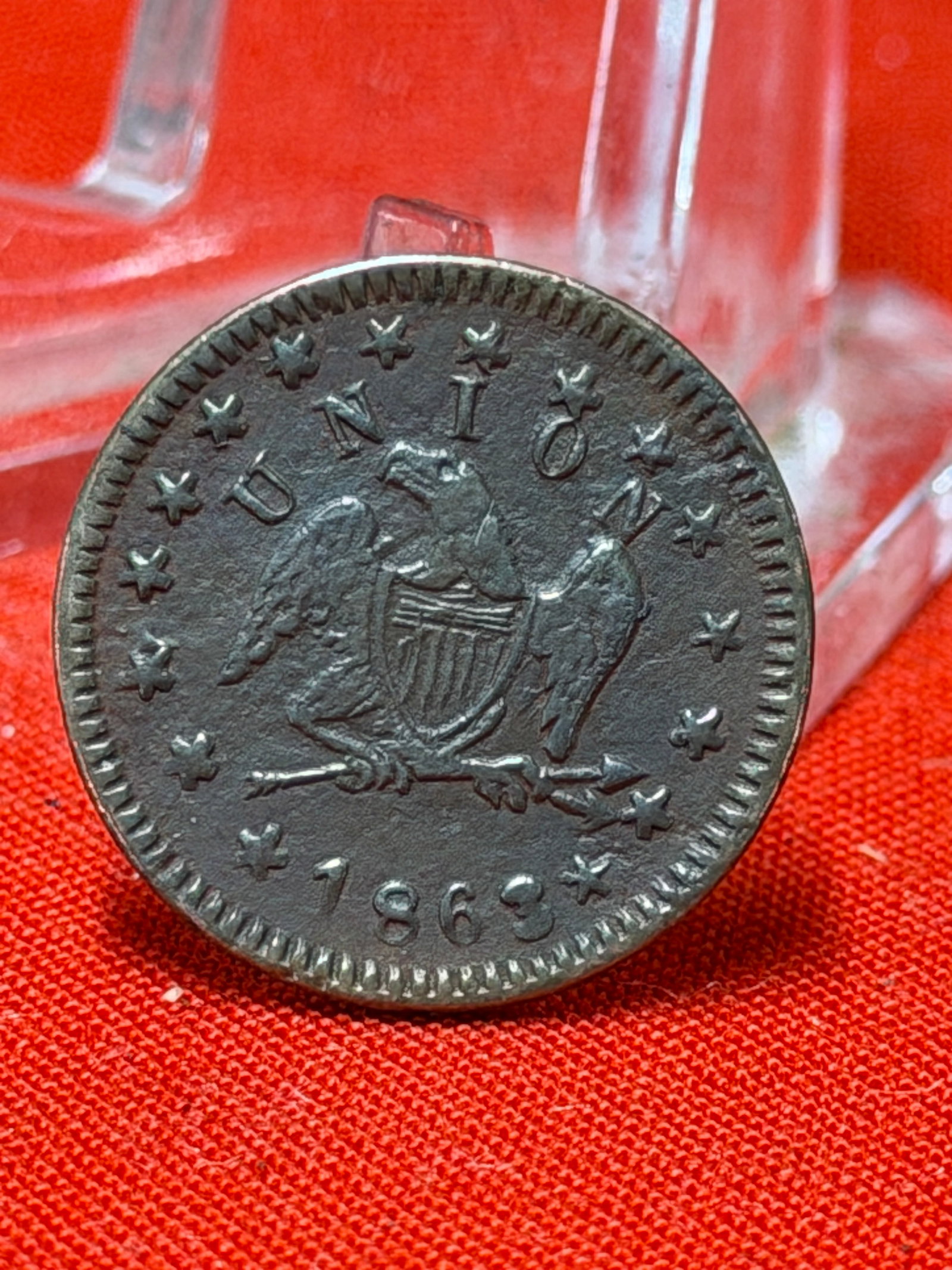1863 Union Civil War Token Value As You Please Patriotic Token Coin: 1863 Civil War patriotic token featuring Union eagle design on the obverse and the popular “Value As You Please” merchant-style inscription on the reverse. In our opinion this token shows appe