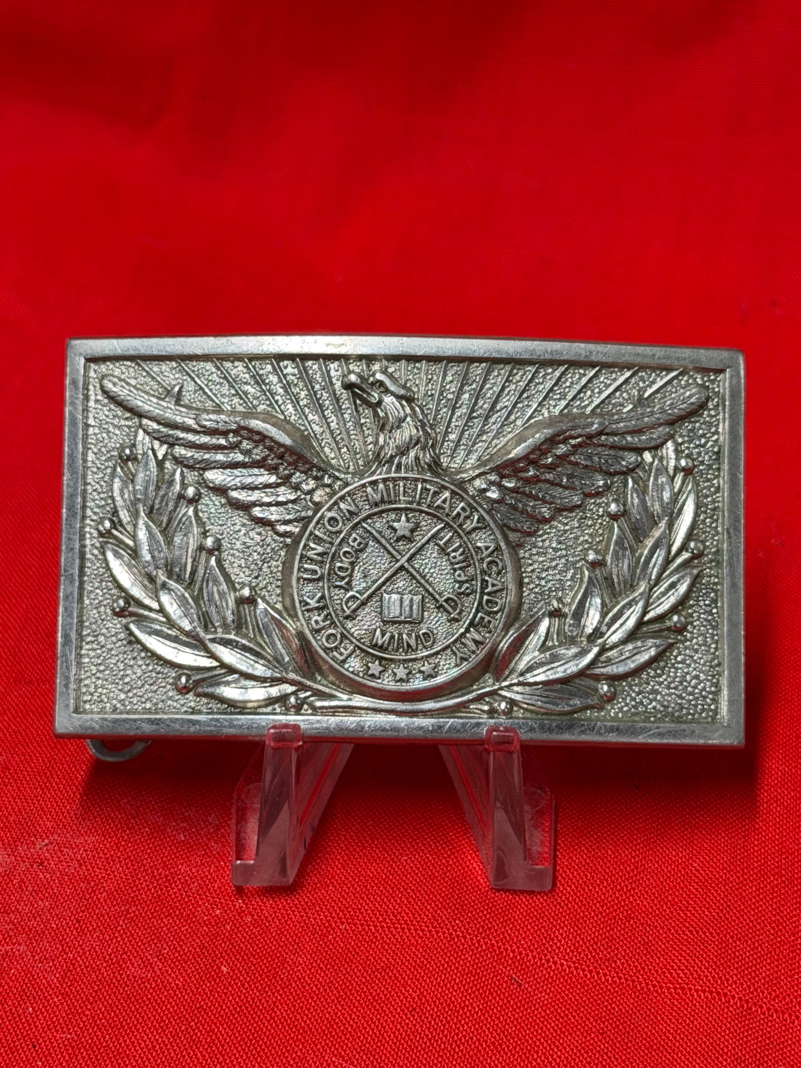 Antique Civil War Era Fork Union Military Academy Style Eagle Belt Buckle Silver Tone: Antique Civil War era style eagle belt buckle featuring a prominent spread-wing eagle with laurel wreath and military academy seal centerpiece. The medallion reads “Fork Union Military Academy&rdquo