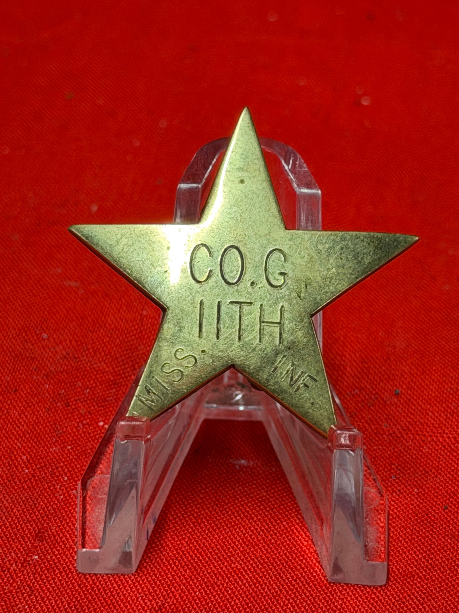 Civil War Union 20th Corps Veteran Badge – Company G, 11th Division Identification Star: Civil War era Union veteran identification badge in the form of a five-point brass star engraved “CO. G / 11TH / DIV.” with additional “MISS.” and “INF.” style markings visible
