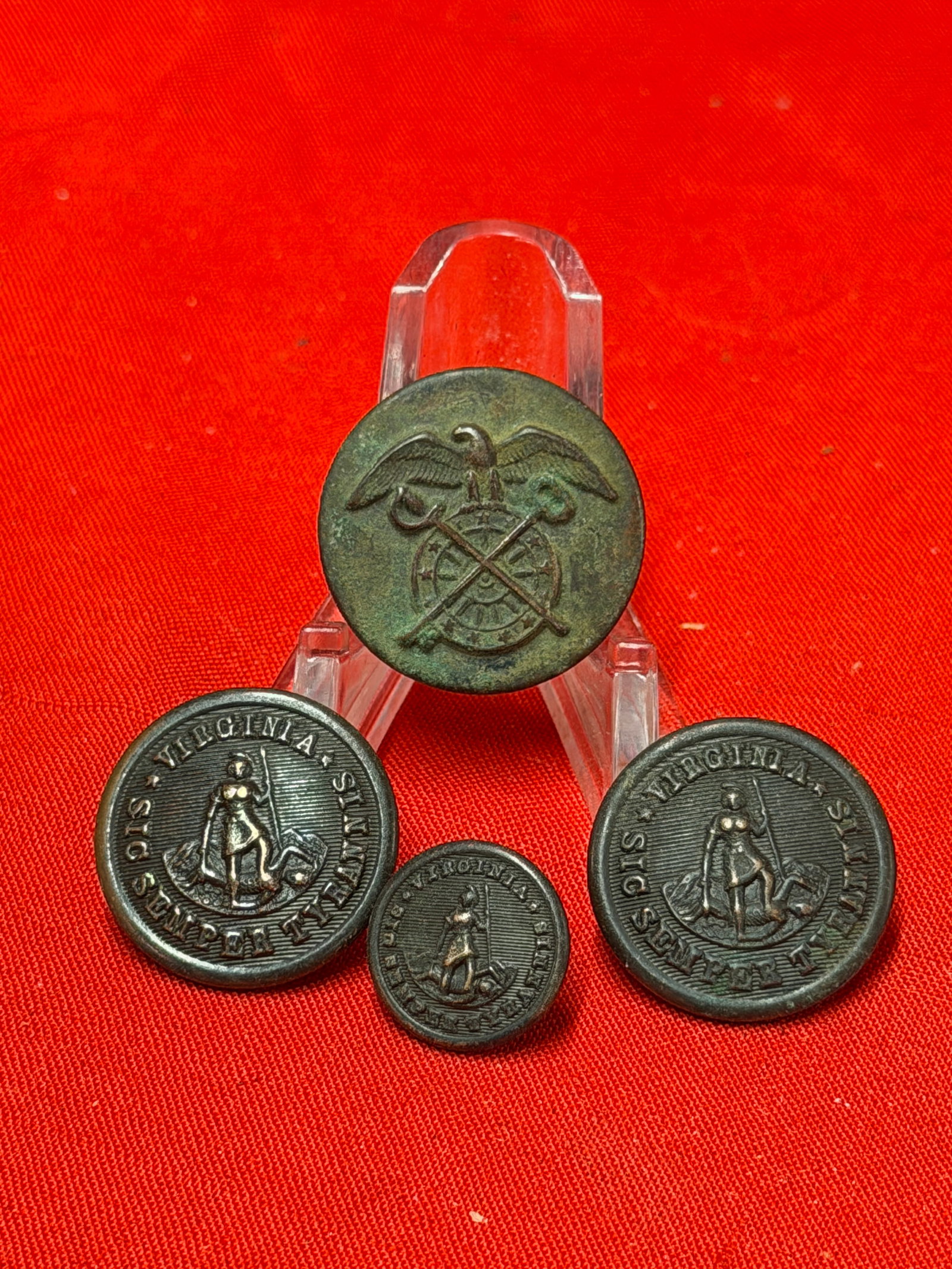 Civil War Virginia State Seal Uniform Button Group & Eagle Militia Cockade Badge – Scovill & Bros. (1 of 7)