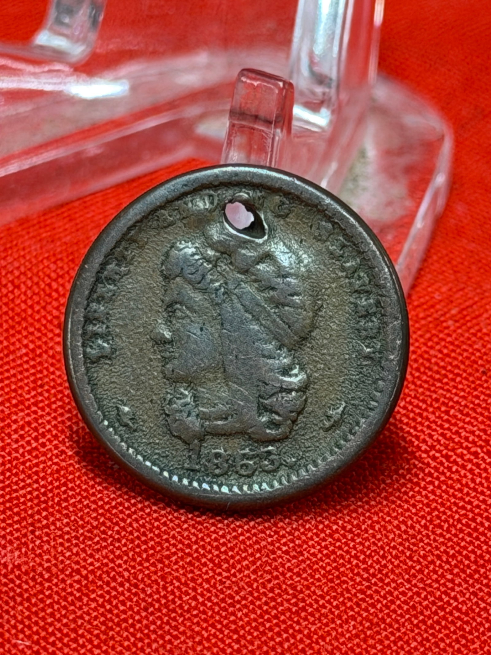 1853 Indian Head One Cent Coin Civil War Era Love Token Pendant Piece: 1853 braided hair large cent coin with drilled suspension hole at top and hand engraved reverse reading “I AM EVER” surrounded by decorative wreath design. In our opinion this piece represents