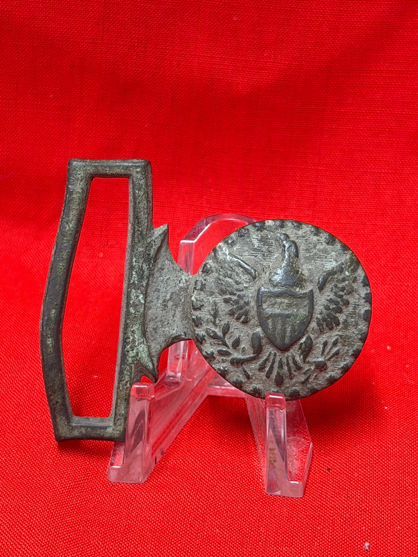 Civil War Era Eagle Motif Sword Belt Hanger or Suspension Clip Brass Mount: Brass and iron sword belt hanger or suspension clip featuring eagle with shield motif on round medallion face. In our opinion this piece dates to the Civil War era and was likely used as part of a swo