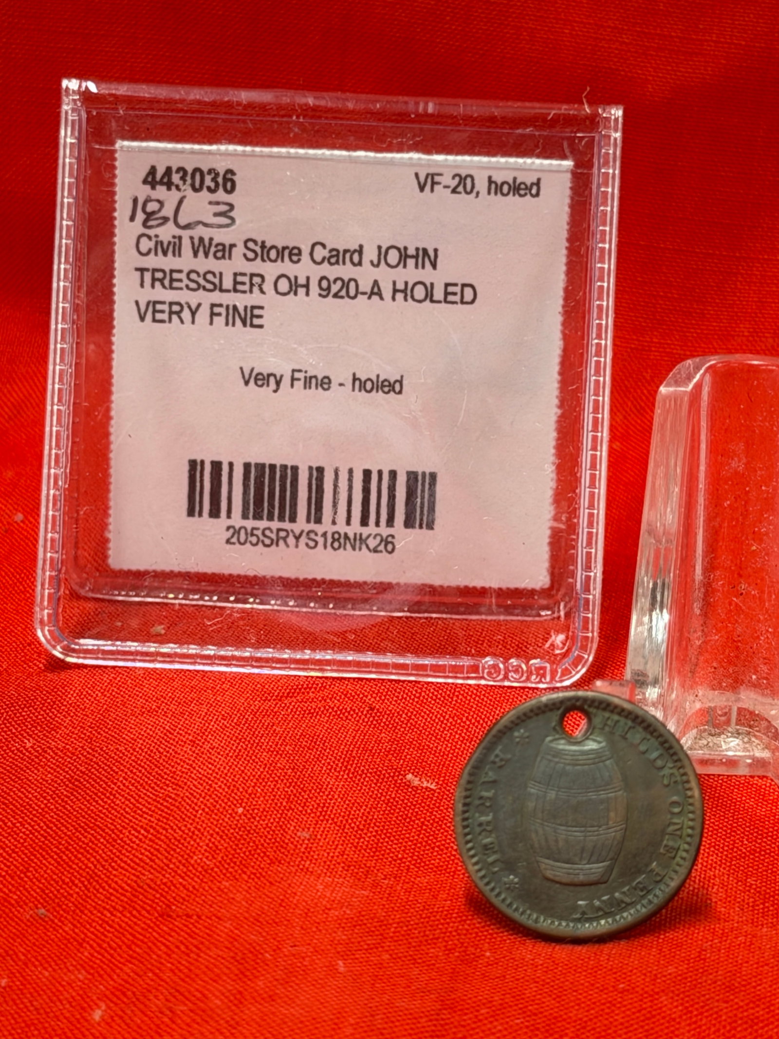 1863 John Tressler Civil War Store Card Token Ohio OH-920A Holed VF: 1863 Civil War era merchant store card token issued by John Tressler of Greenville, Ohio. Listed as Ohio OH-920A. Obverse features barrel design with surrounding legend “Barrels of All Kinds One Pen
