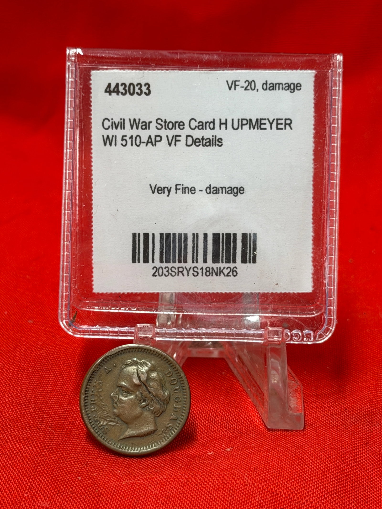 Civil War Store Card Token H. Upmeyer Jeweler Milwaukee WI 510-AP VF Details Damage: Civil War store card token issued by H. Upmeyer, jeweler of Milwaukee, Wisconsin. Listed as Wisconsin token WI-510-AP and graded VF-20 Details – Damage. Obverse features a left-facing female bust wi