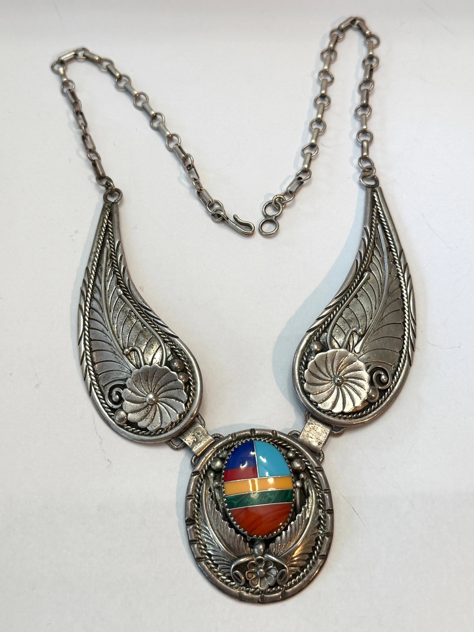 E Yazzie Sterling Silver Multi-Stone Inlay Necklace ? Native American Navajo Jewelry: Beautiful vintage Native American necklace by E Yazzie featuring a colorful multi-stone inlay centerpiece set in sterling silver. This handcrafted Navajo piece showcases detailed feather and floral si