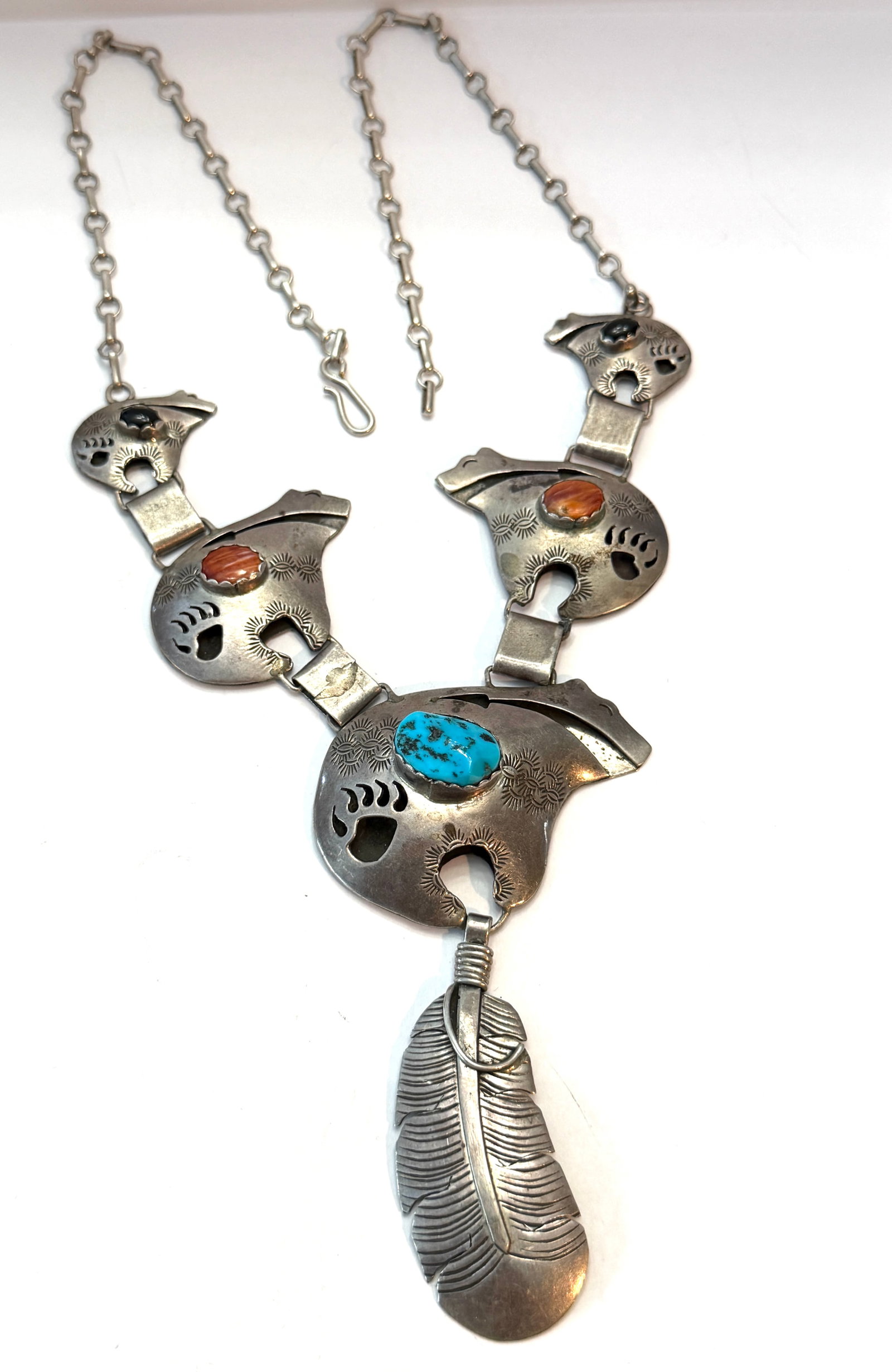 Bruce Wood Sterling Silver Bear Necklace w/ Turquoise & Coral ? Native American Navajo Jewelry (1 of 6)