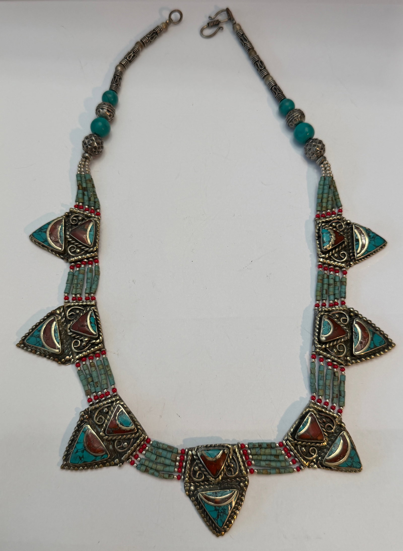 Vintage Tibetan / Nepalese Turquoise & Coral Inlay Statement Necklace ? Ethnic Tribal Jewelry: Striking vintage Tibetan or Nepalese style statement necklace featuring ornate silver-tone triangular panels with vibrant turquoise and coral inlay details. This handcrafted ethnic necklace showcases 