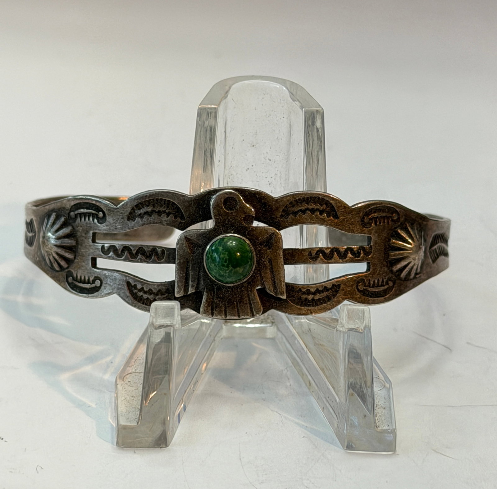 Native American Sterling Silver Thunderbird Cuff Bracelet Green Turquoise Stone Southwestern (1 of 5)
