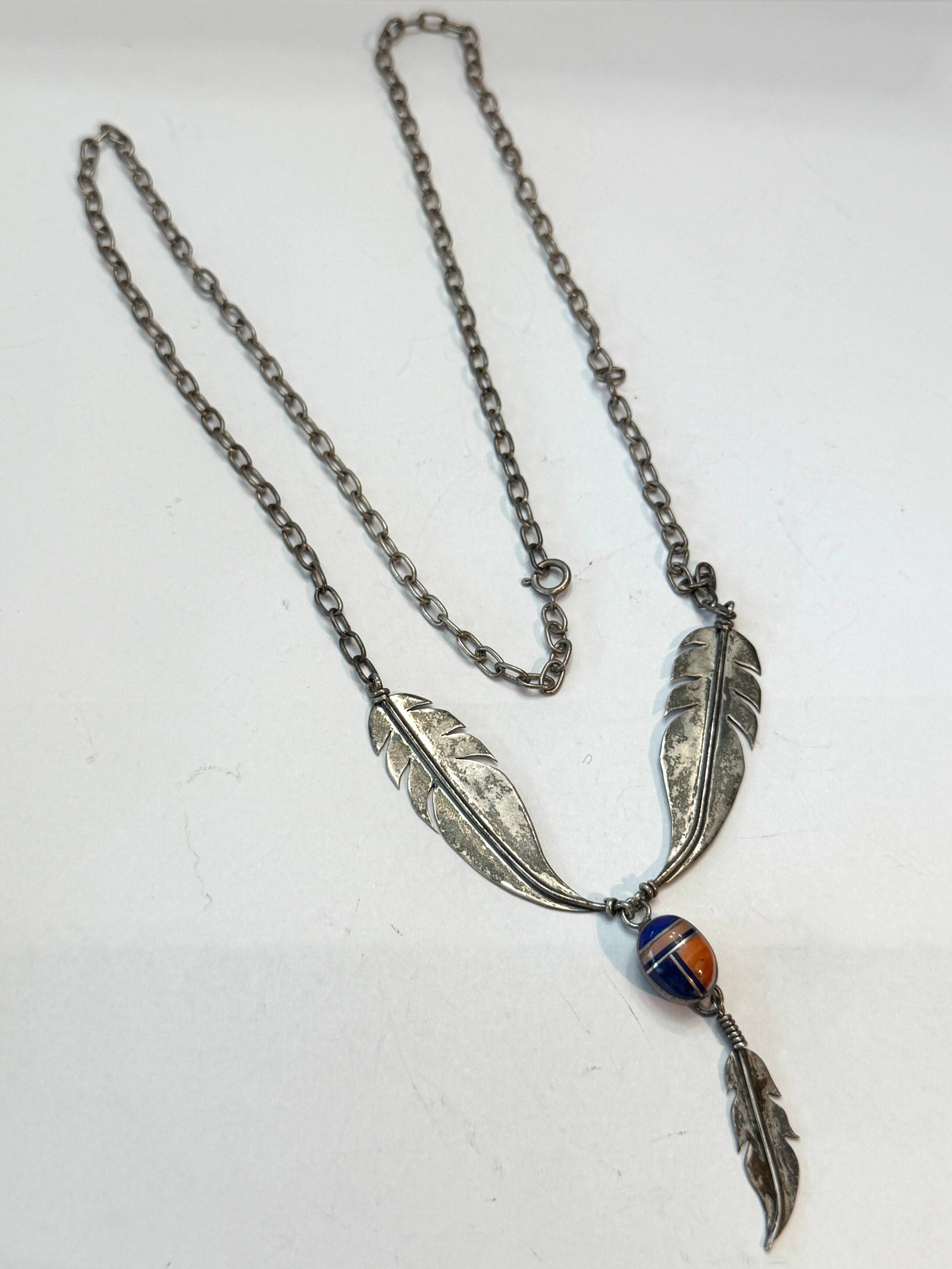 Vintage Sanchi Sterling Silver Feather Necklace Multicolor Bead Southwestern Pendant (1 of 6)