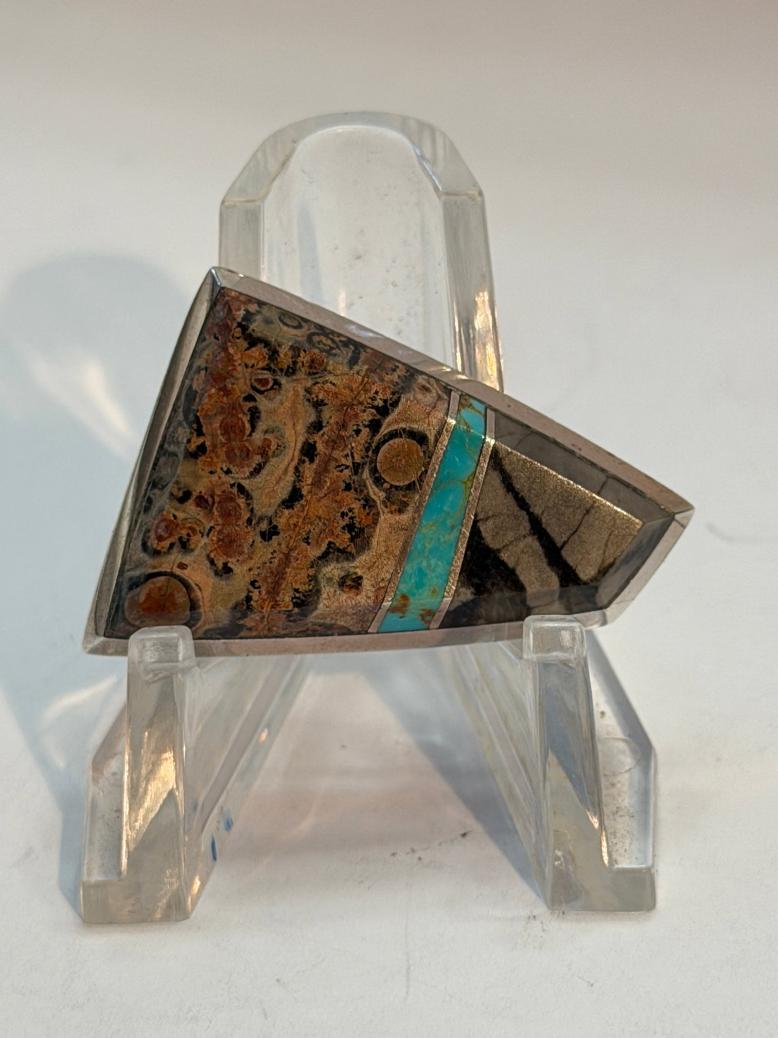 Native American Sterling Silver Stone Inlay Brooch Pendant Signed NA: Native American sterling silver inlay brooch pendant featuring an eye-catching geometric design with multiple stone inlays. The piece showcases beautiful natural stone patterns including what appears 