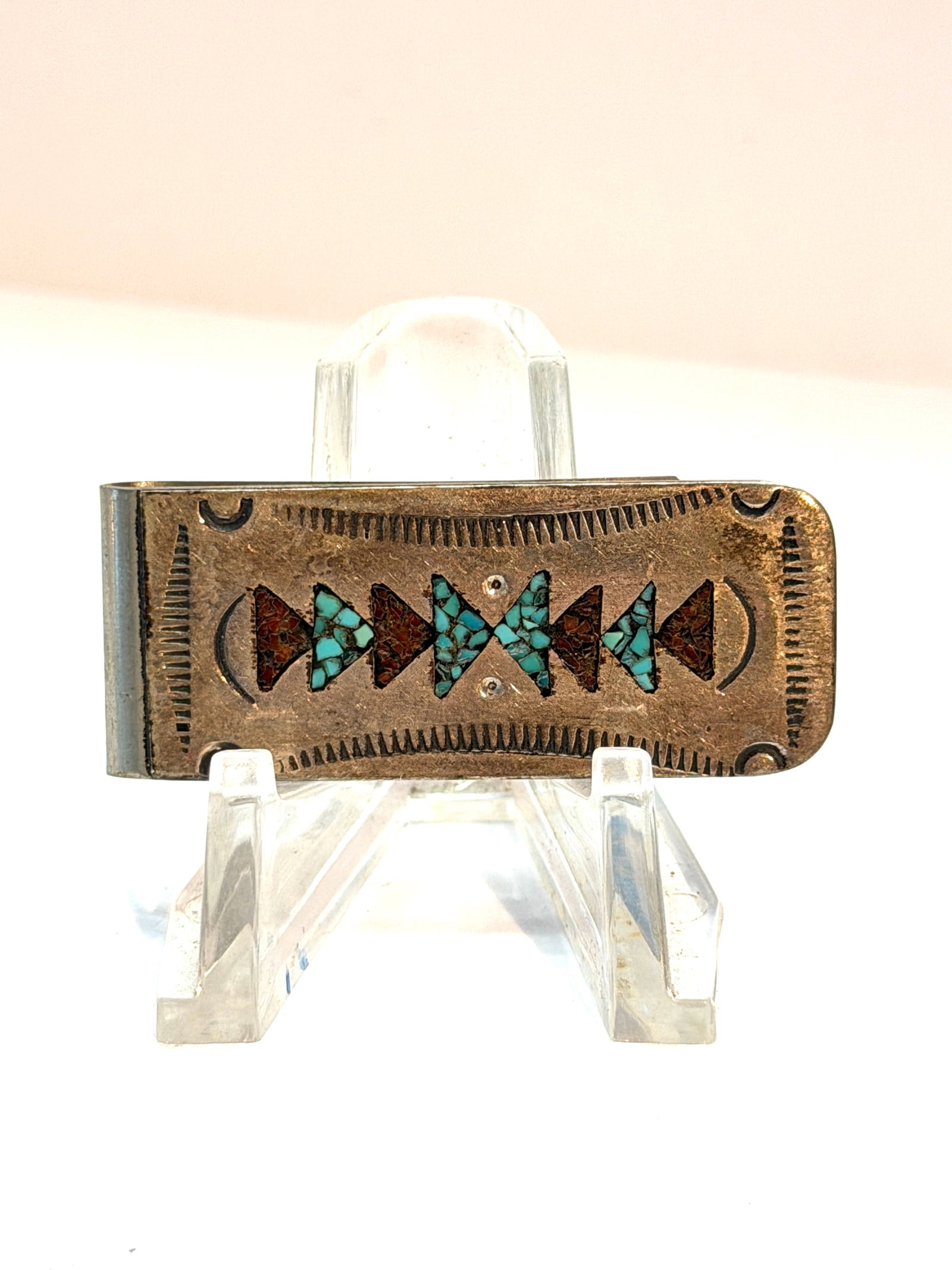 Sterling Silver Southwestern Inlay Money Clip Turquoise Mosaic Design: Vintage sterling silver money clip featuring a classic Southwestern geometric inlay design with turquoise mosaic and reddish stone accents. Nicely detailed with stamped border work and crescent motifs