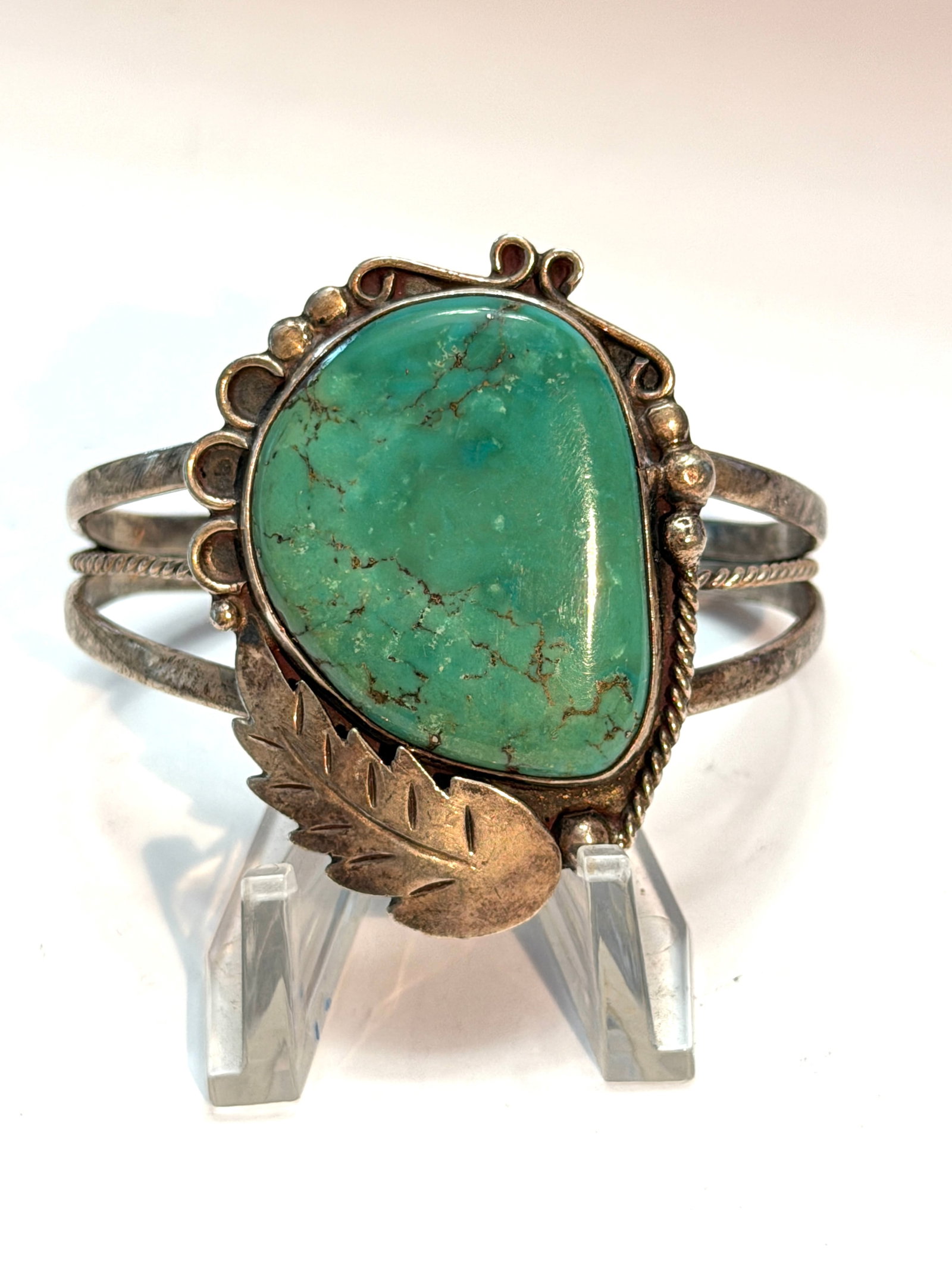 Southwestern Sterling Silver Turquoise Cuff Bracelet Large Green Turquoise Stone (1 of 6)