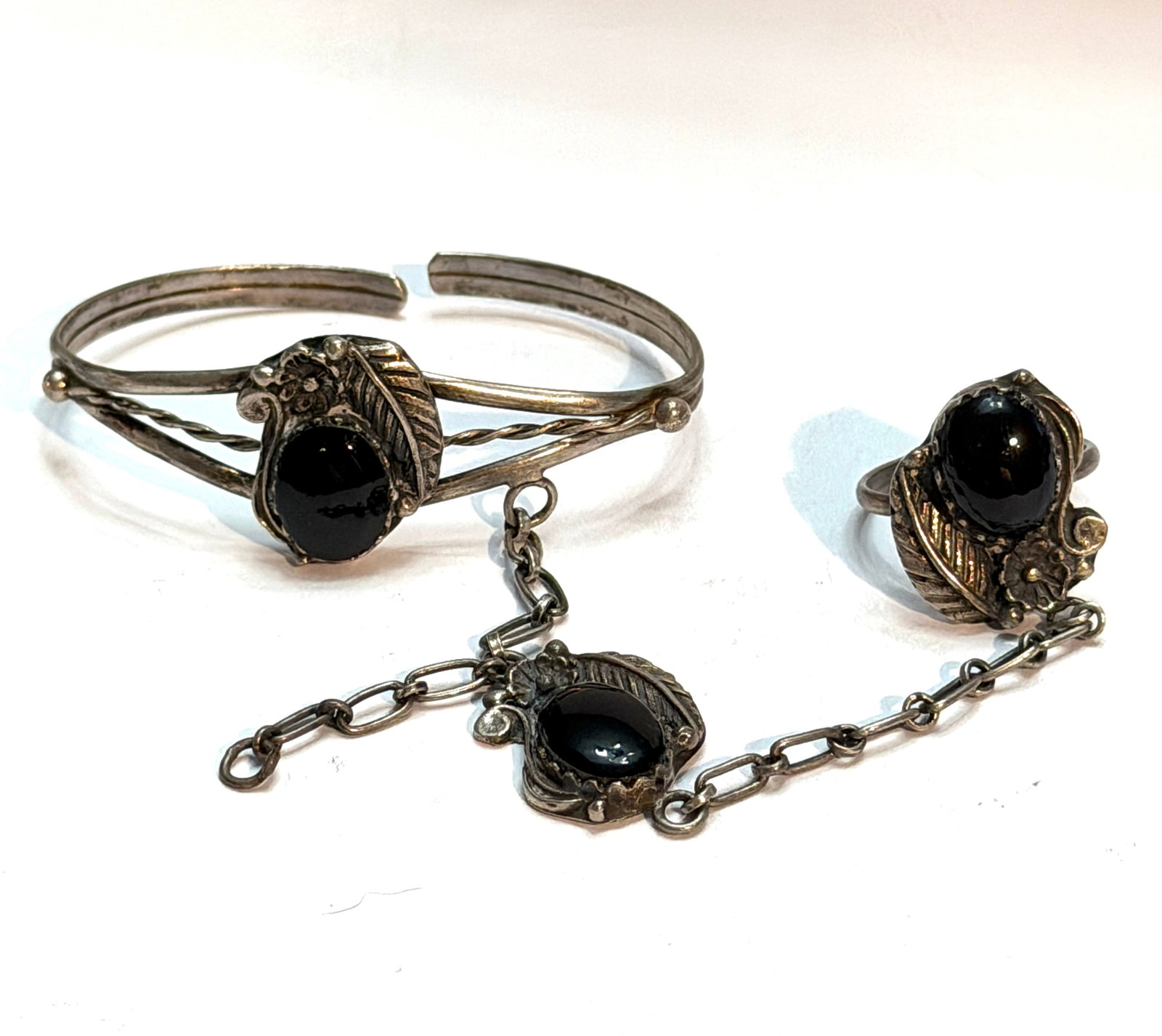 Vintage Sterling Silver Black Onyx Slave Bracelet Ring Set (1 of 6)