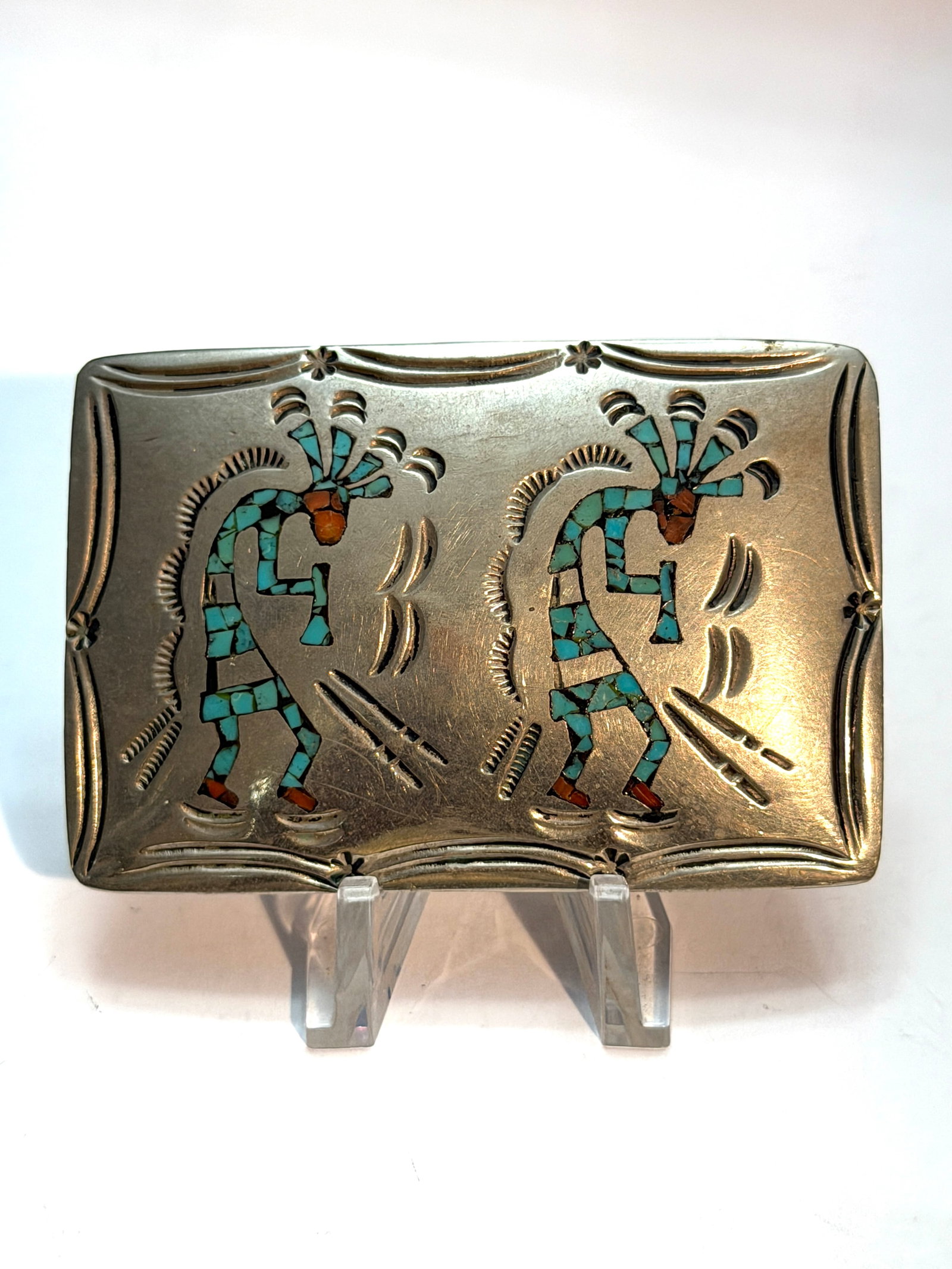 Southwestern Sterling Silver Kokopelli Inlay Belt Buckle Turquoise Mosaic: Striking vintage Southwestern sterling silver belt buckle featuring two Kokopelli figures with turquoise mosaic inlay accents. This rectangular buckle showcases detailed hand-stamped borders and tradi