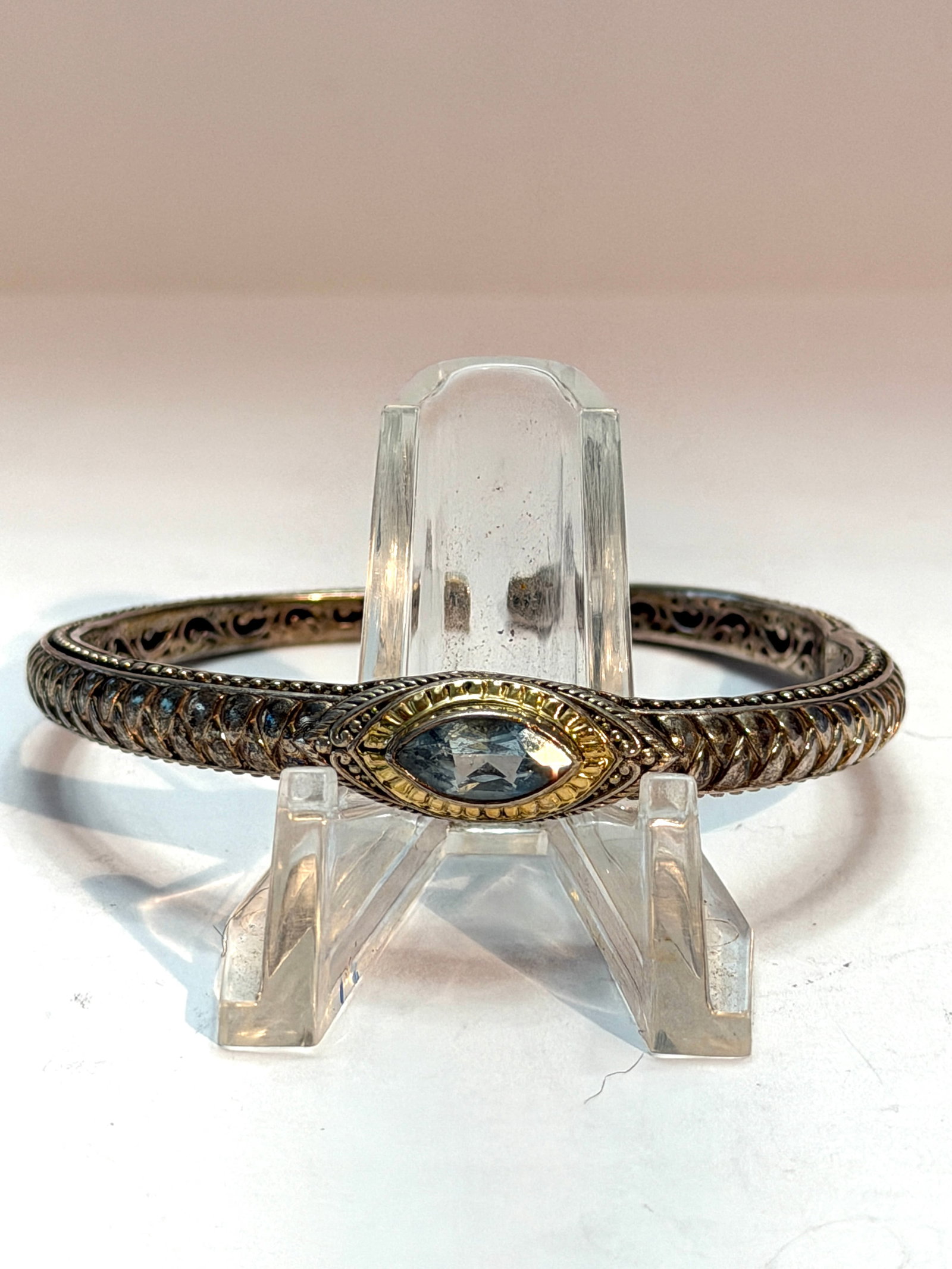 Sterling Silver & 18K Gold Blue Topaz Cuff Bracelet ? Indonesian Artisan Jewelry: Beautiful vintage sterling silver cuff bracelet with 18K gold accents and a faceted marquise-cut blue topaz centerpiece. This handcrafted artisan bracelet features intricate woven and beadwork detaili