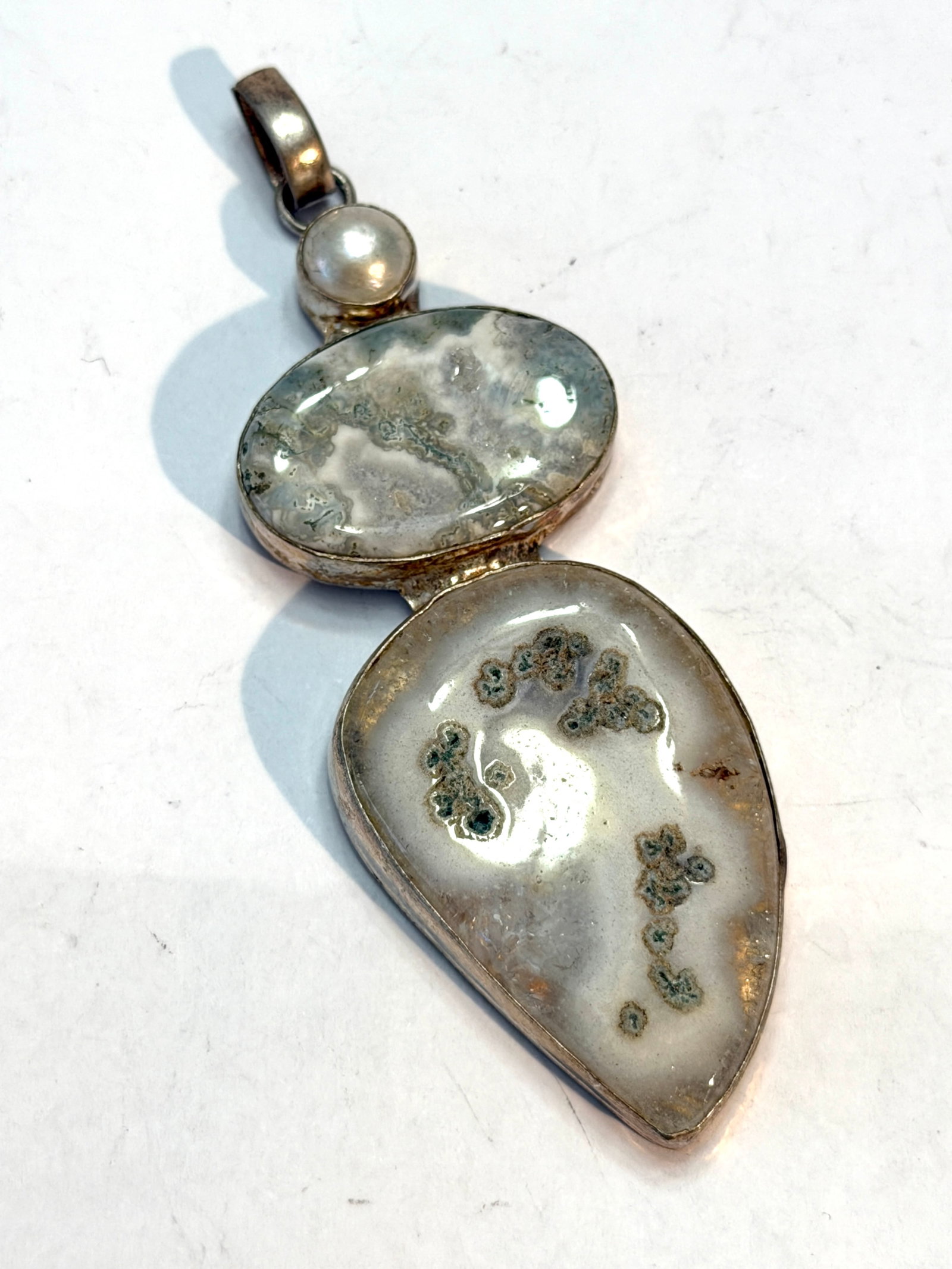 Large Sterling Silver Moss Agate Pendant Modernist Artisan Gemstone Pendant (1 of 4)