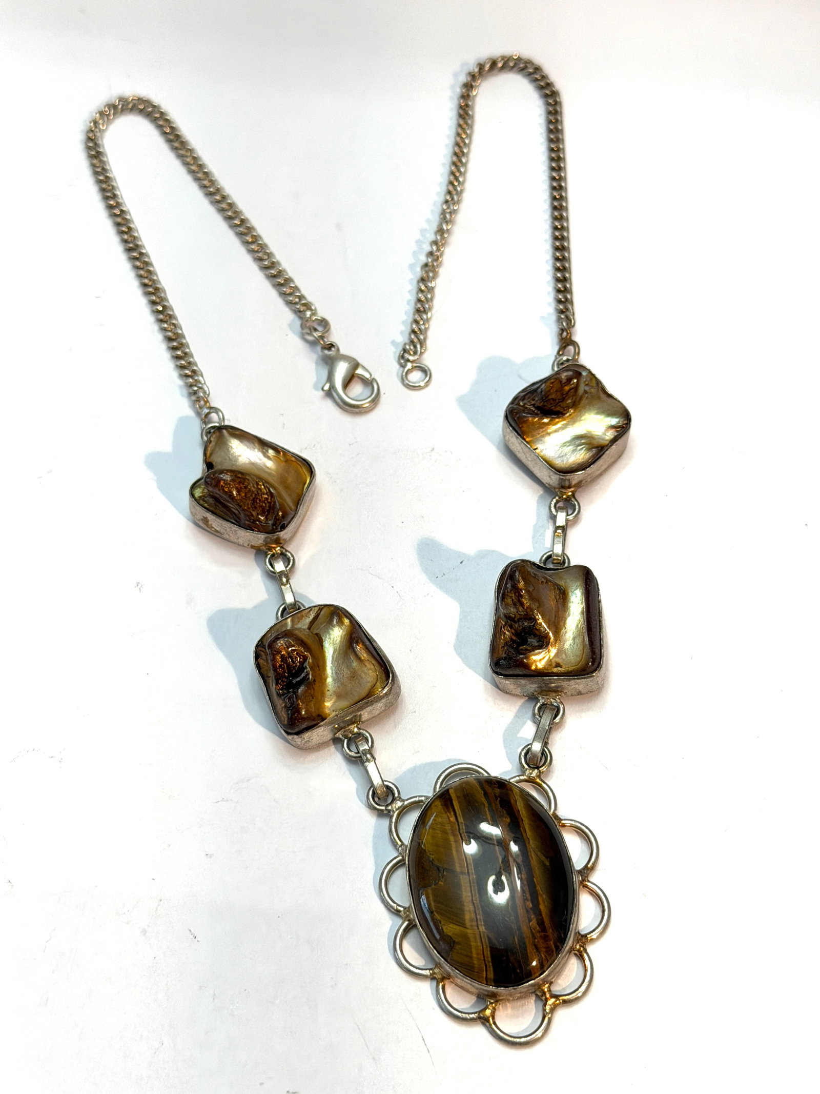Sterling Silver Tiger?s Eye & Abalone Shell Statement Necklace Artisan Modernist Necklace: Striking vintage sterling silver statement necklace featuring a polished oval tiger’s eye cabochon centerpiece accented by four sculptural abalone shell inlays with rich bronze and iridescent to