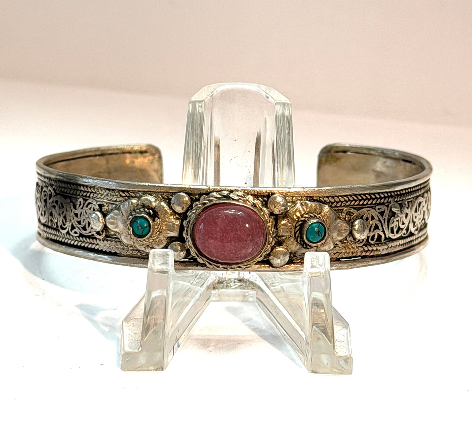 Tibetan Sterling Silver Filigree Cuff Bracelet Pink Cabochon & Turquoise Accents (1 of 6)