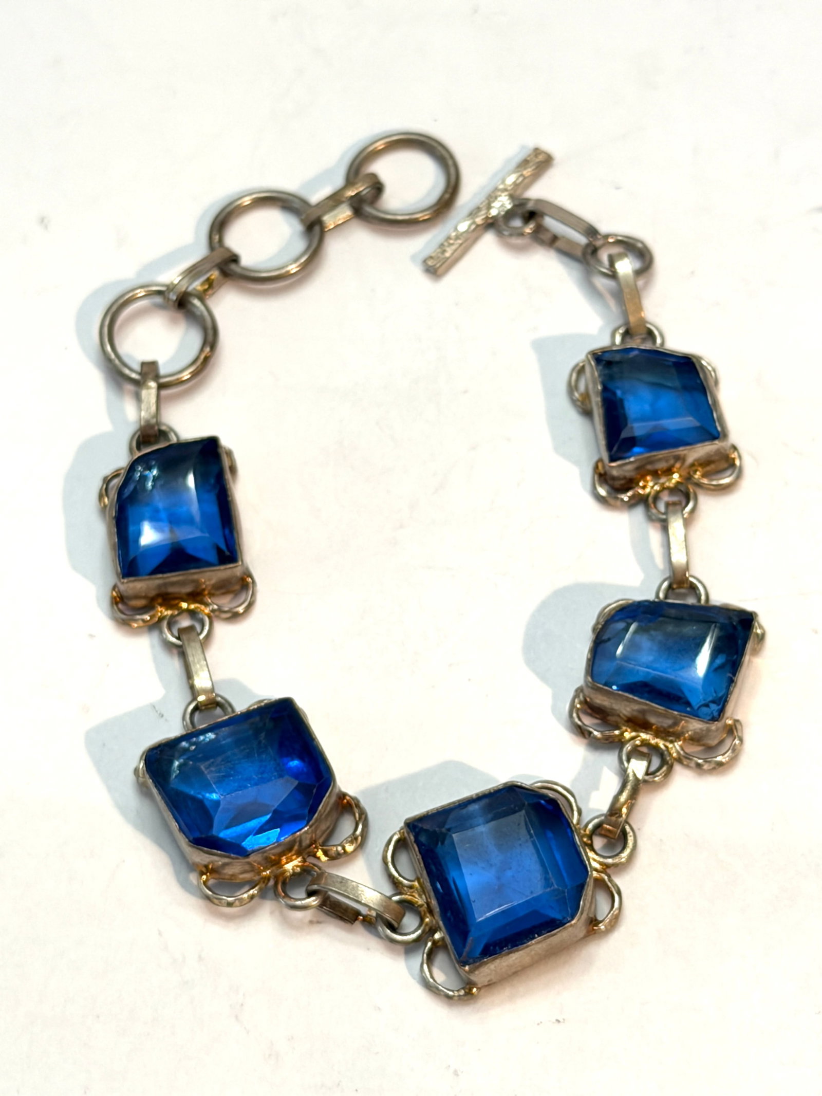 Vintage Sterling Silver Blue Glass Link Bracelet ? Art Deco Style (1 of 4)