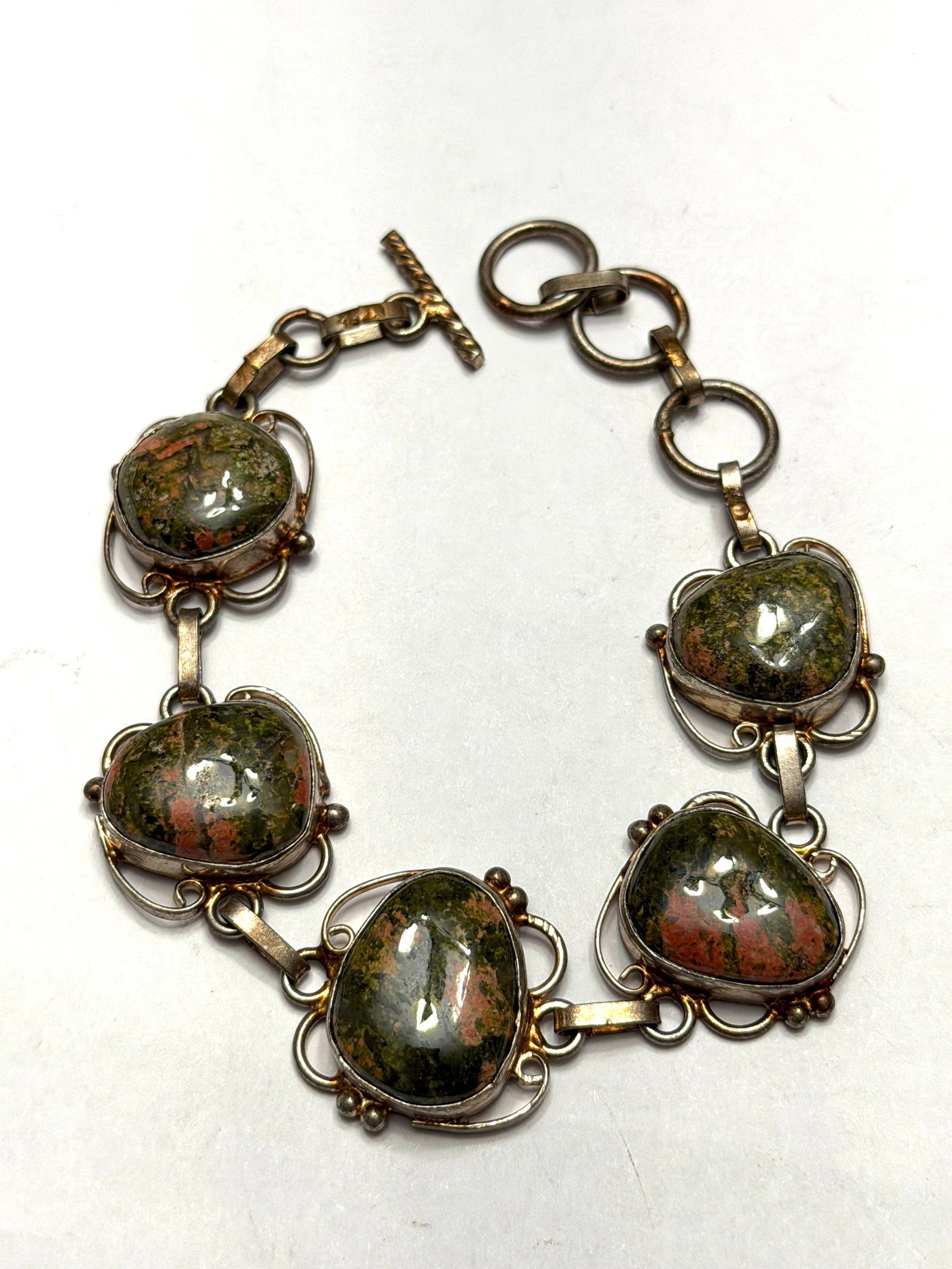 Vintage Sterling Silver Unakite Gemstone Bracelet ? Artisan Modernist Cabochon Link Bracelet (1 of 5)