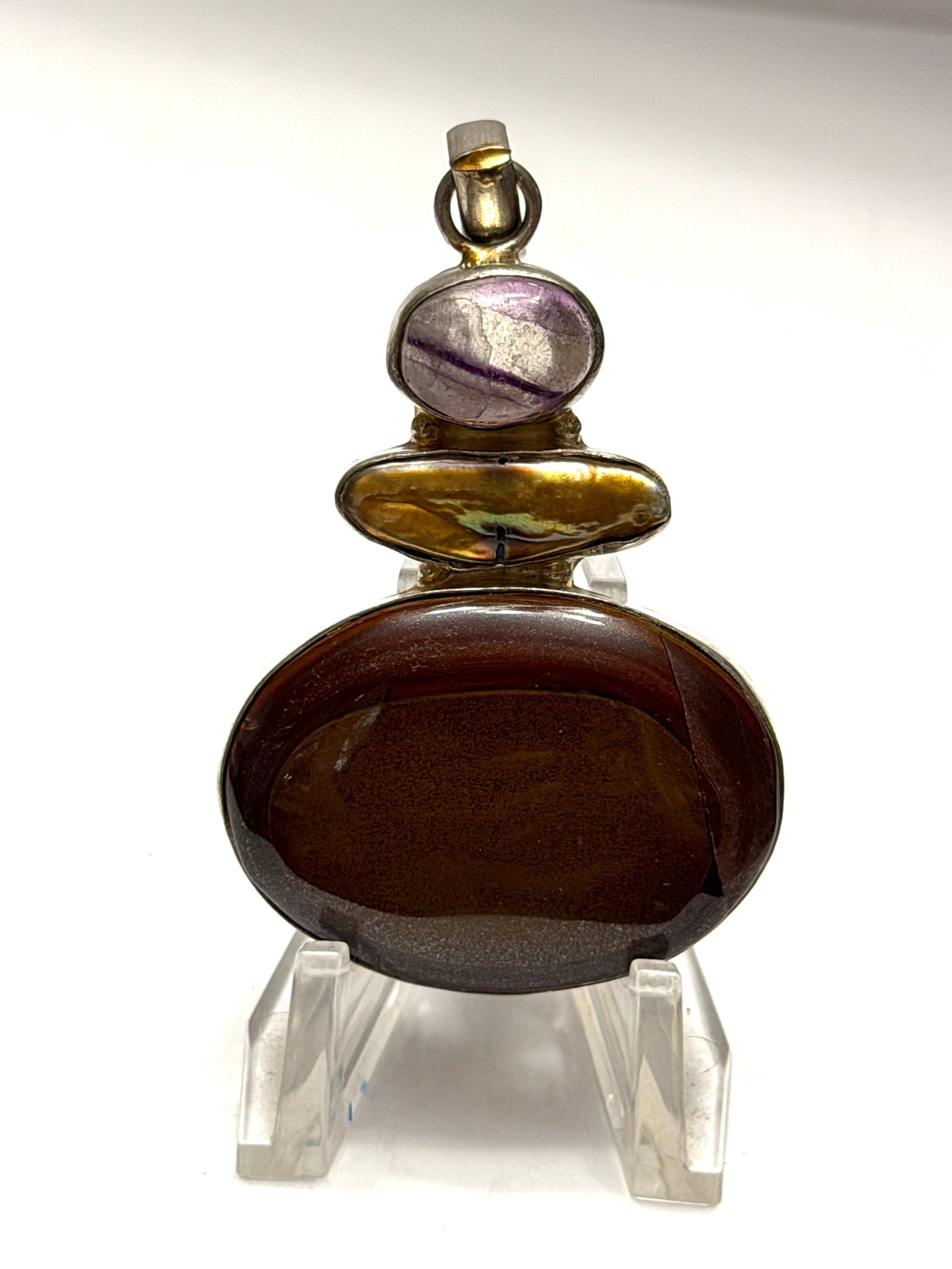 Modernist Sterling Silver Multi Gemstone Pendant ? Fluorite Pearl Agate Artisan Statement Pendant: A bold vintage sterling silver pendant showcasing an artistic trio of natural gemstones in a striking modernist arrangement. This handcrafted piece features a rich oval agate cabochon with warm chocol