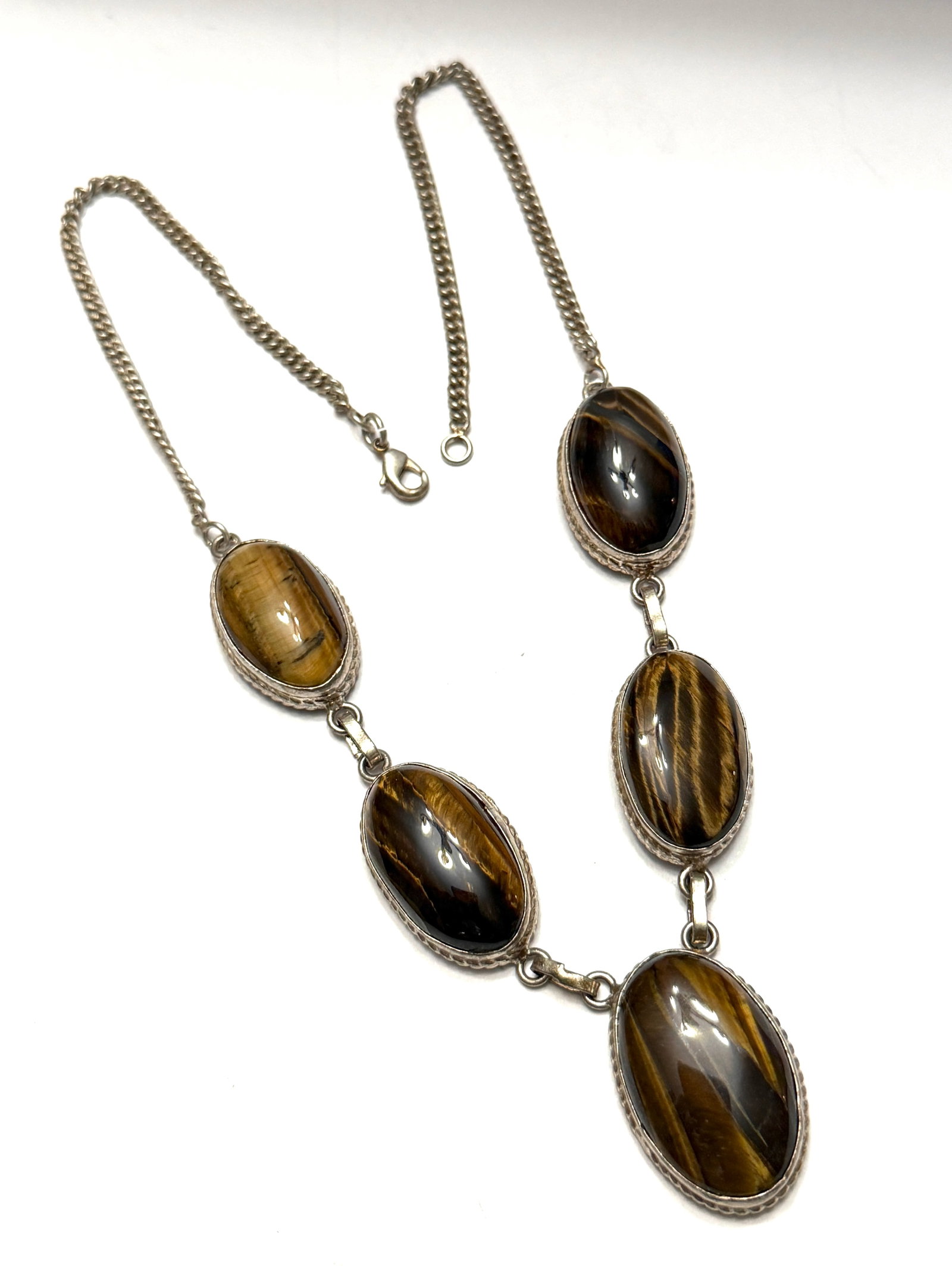 Vintage Sterling Silver Tiger?s Eye Statement Necklace ? Multi Stone Artisan Necklace (1 of 5)