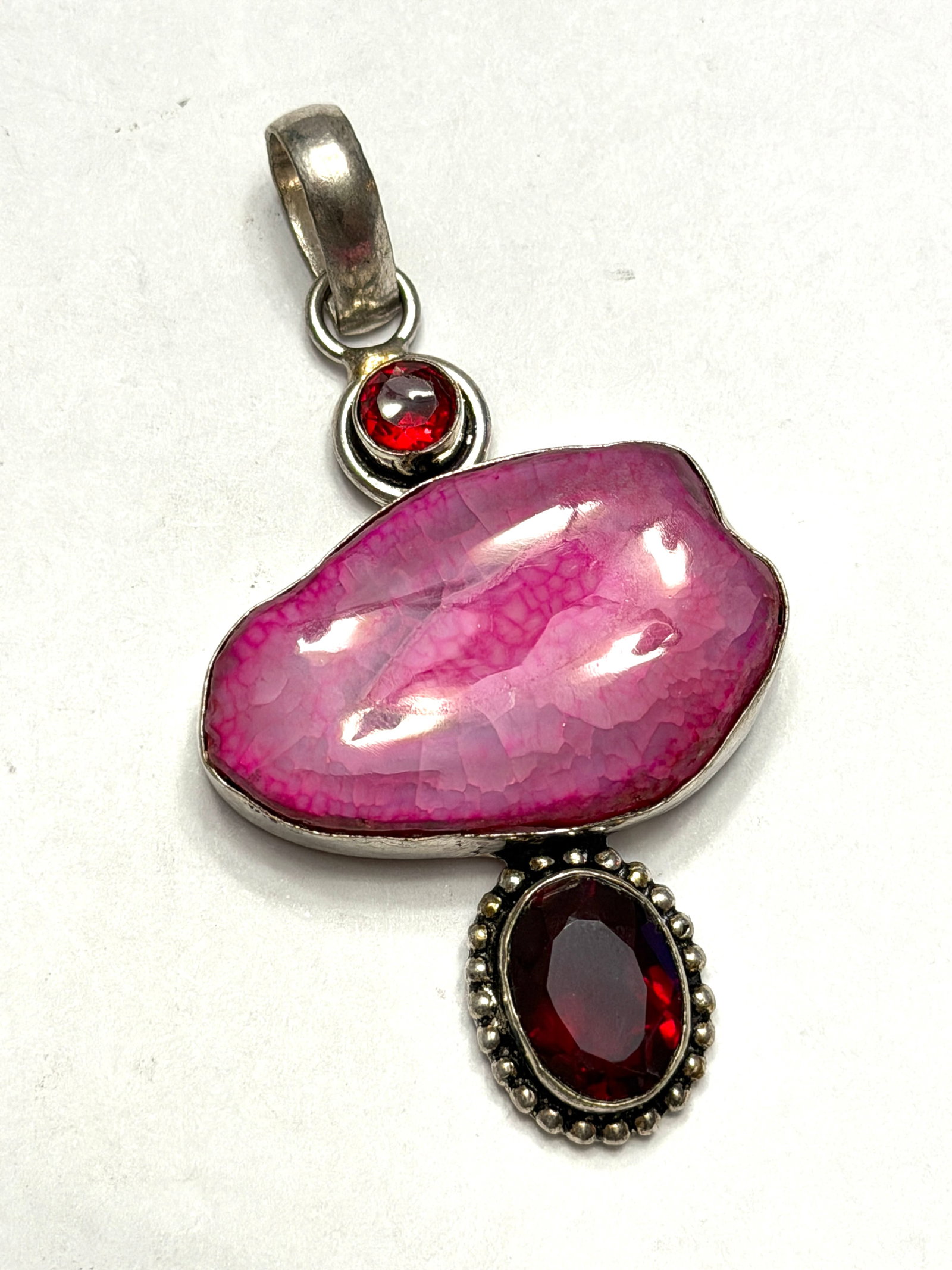 Vintage Sterling Silver Pink Druzy Agate & Garnet Pendant ? Bold Artisan Gemstone Statement Pendant (1 of 5)
