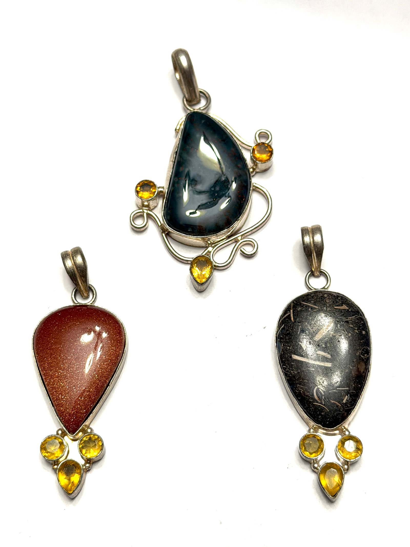Set of 3 Vintage Sterling Silver Gemstone Pendants ? Artisan Citrine & Stone Statement Pendants (1 of 4)