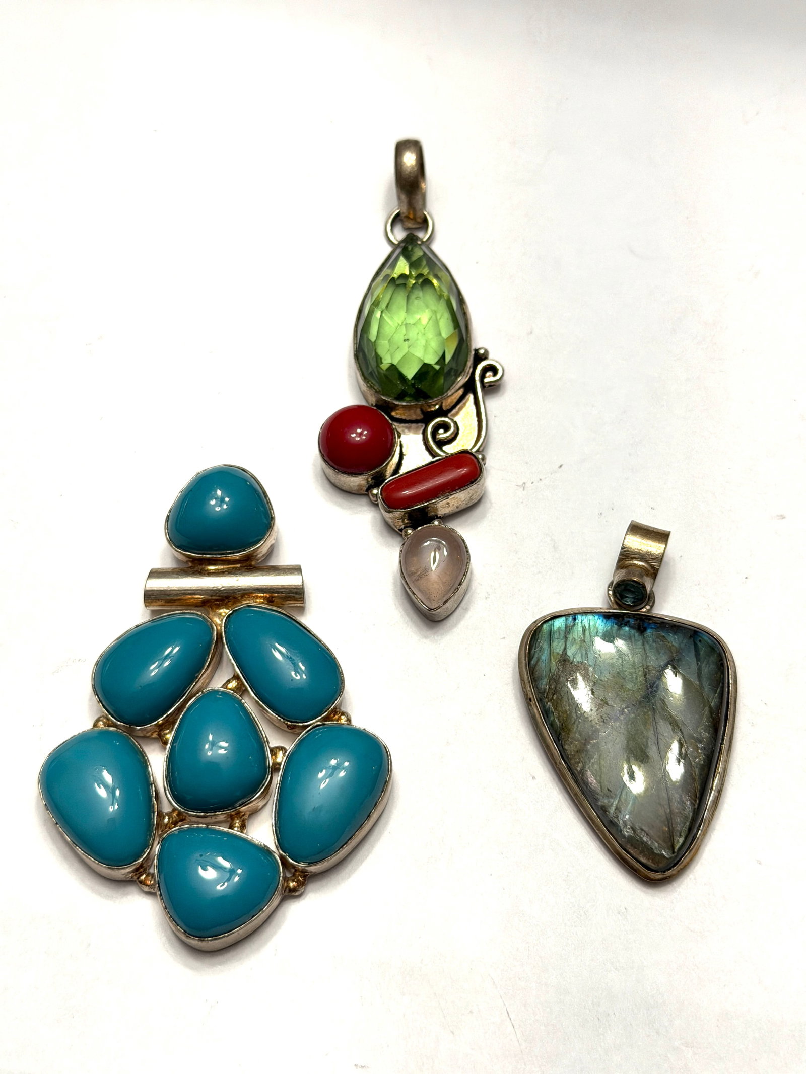Vintage Sterling Silver Gemstone Pendant Lot Labradorite Turquoise Coral Artisan Jewelry: Beautiful lot of three vintage sterling silver gemstone pendants featuring artisan handcrafted designs with colorful natural stones. Includes a large turquoise cluster style pendant, a multi-stone pen