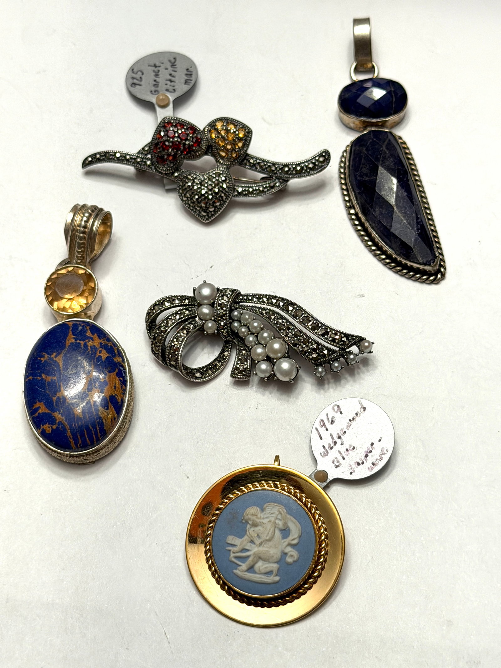 Vintage Jewelry Lot Sterling Silver Pendants & Brooches Cameo Marcasite Garnet Lapis (1 of 11)