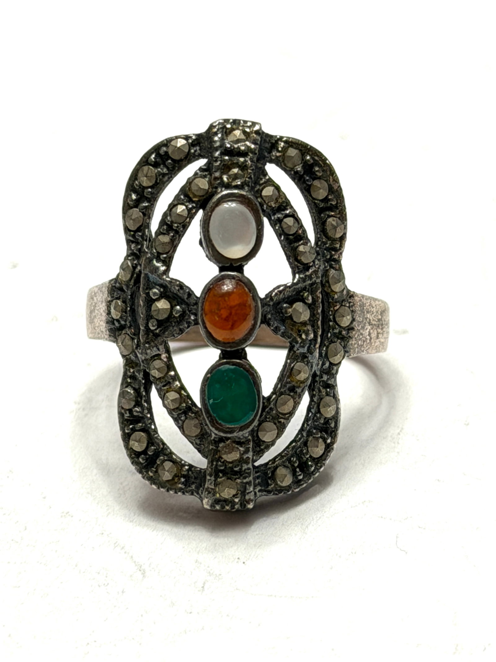 Art Deco Marcasite Ring Sterling Silver Multi Stone Statement Ring Size 6.5 (1 of 4)