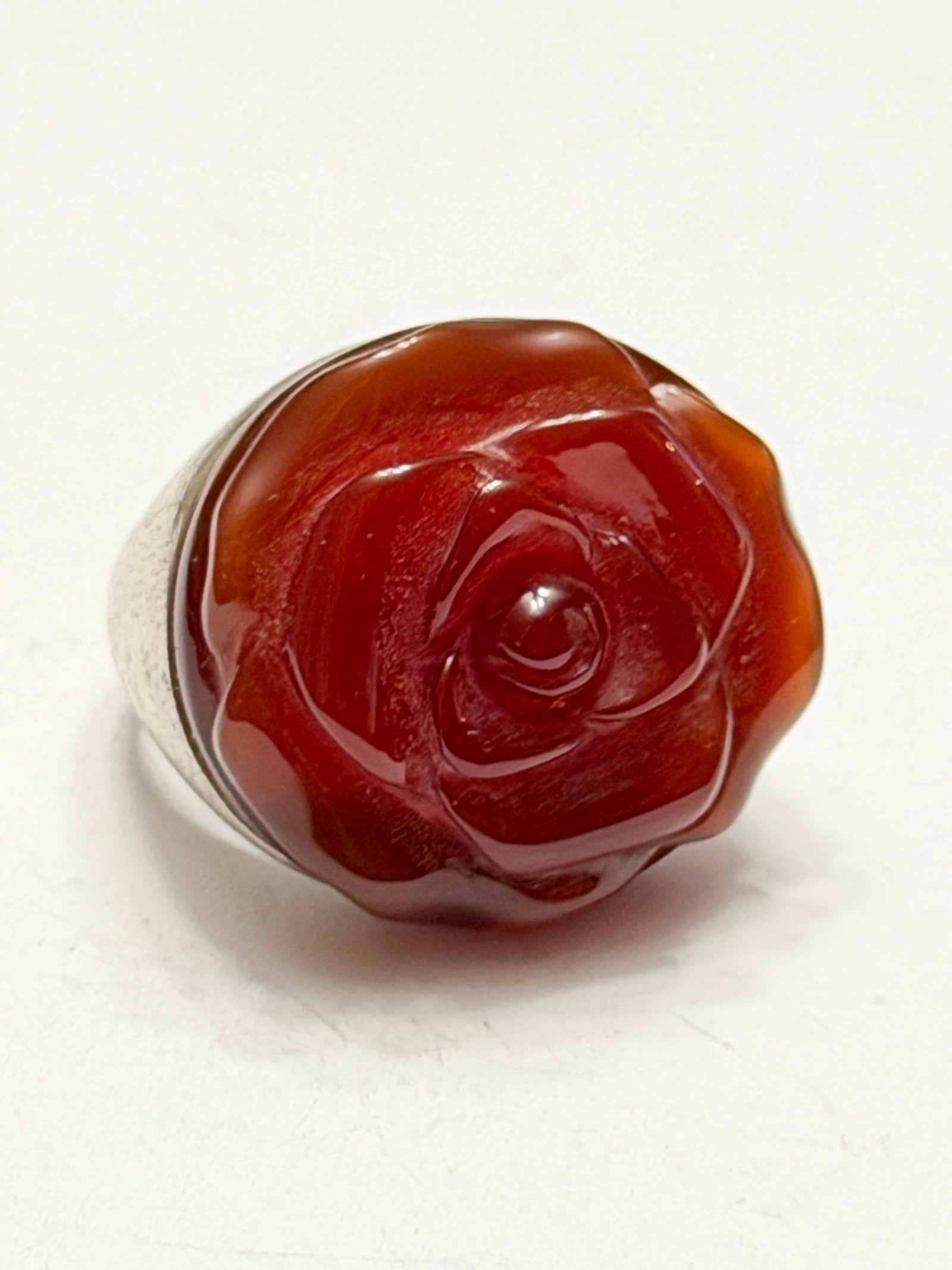 Sterling Silver Carved Rose Ring Red Carnelian Flower Statement Ring Size 9 (1 of 6)