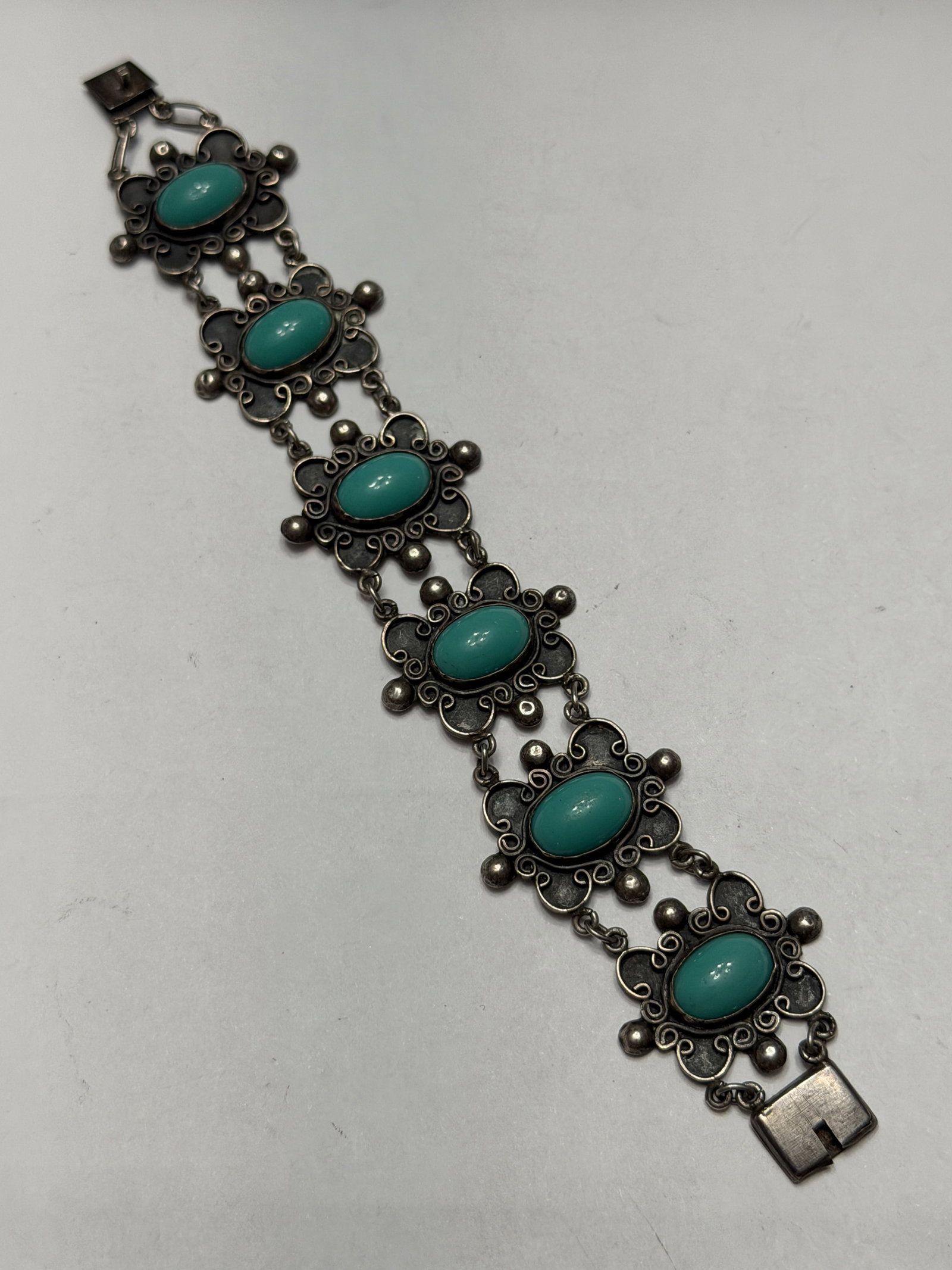 Mexican Silver Turquoise Cabochon Link Bracelet Made in Mexico Taxco Style Boho Statement Jewelry (1 of 7)