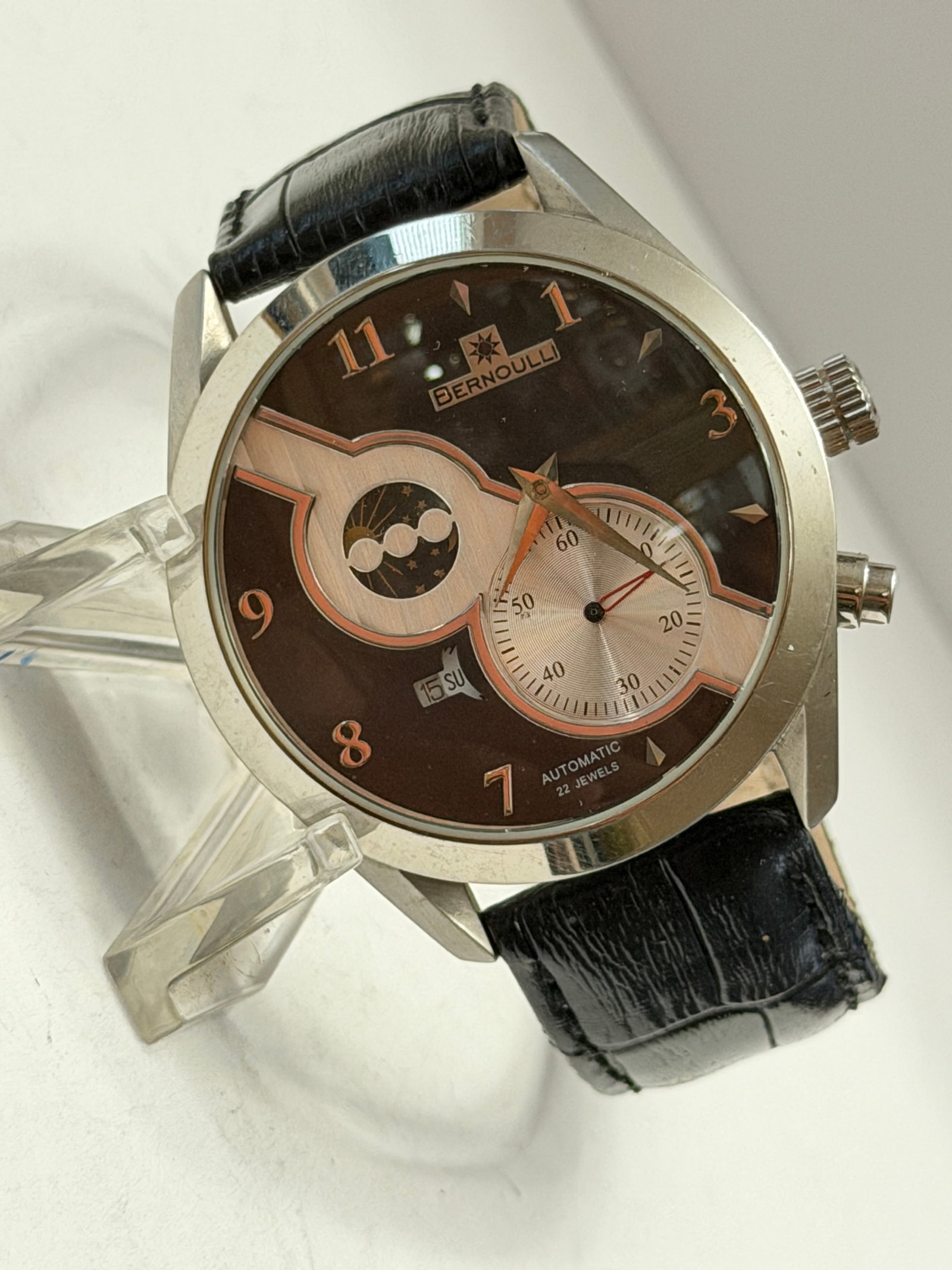 Bernoulli Automatic Moonphase Style 22 Jewel Wristwatch Stainless Steel Exhibition Back (1 of 4)