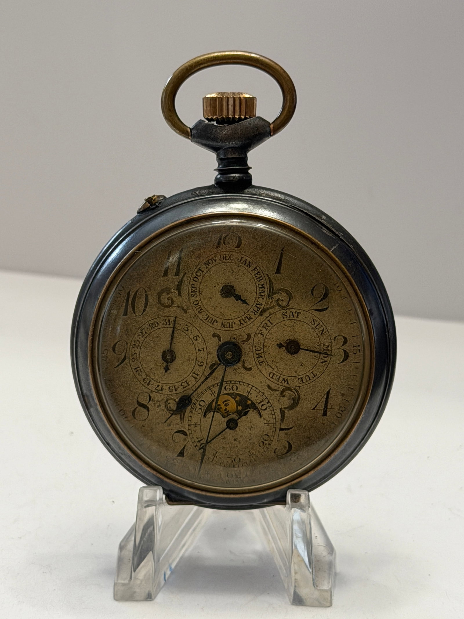 Antique Triple Calendar Moon Phase Pocket Watch ? Mechanical Open Face Watch ? Vintage Gunmetal Case (1 of 4)