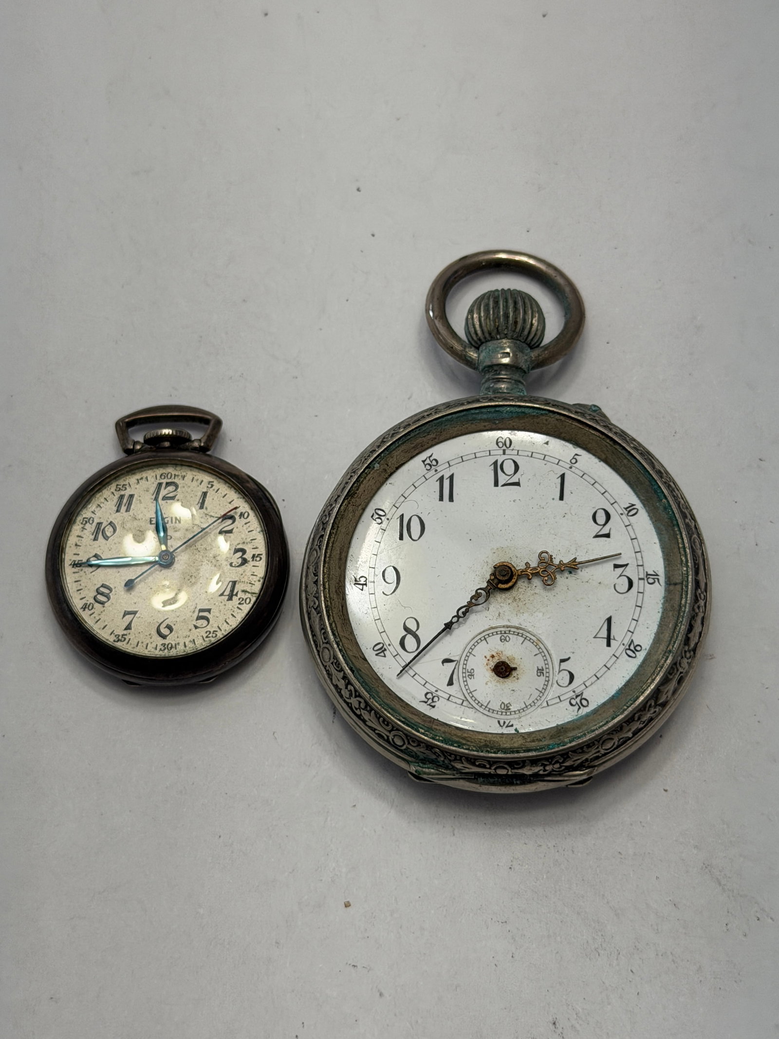 Antique Pocket Watch Pair ? Elgin Travel Clock & Ornate Engraved Mechanical Pocket Watch (1 of 5)