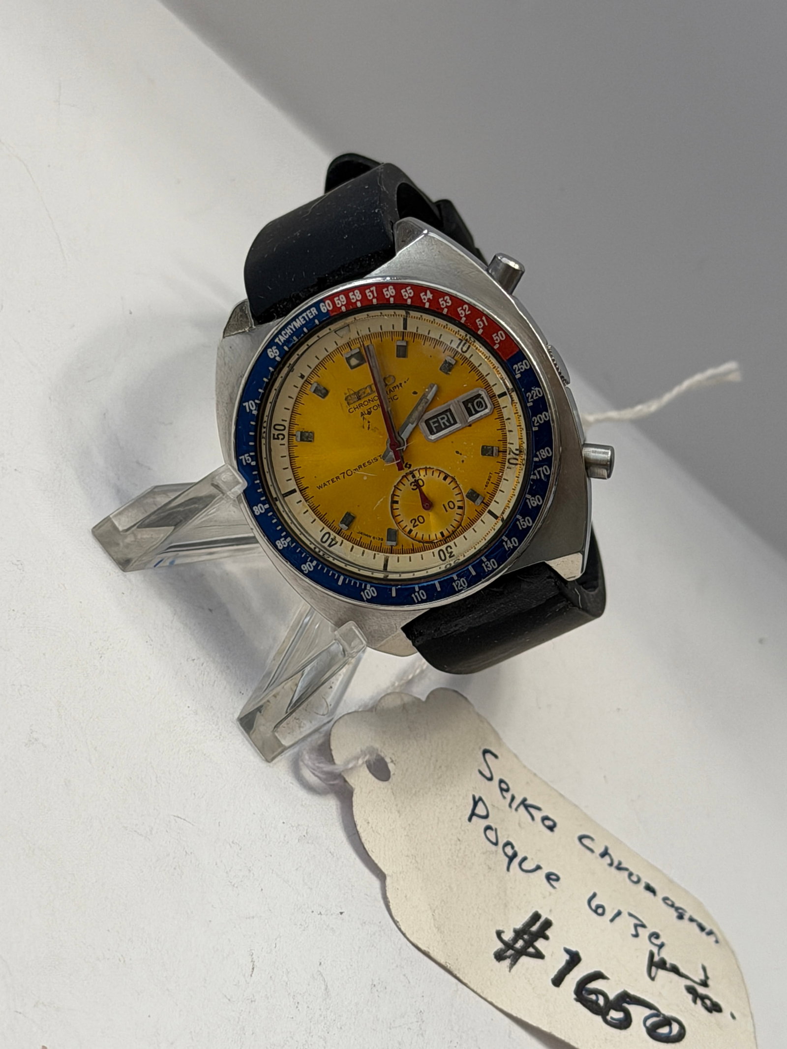 Seiko Chronograph Automatic ?Pogue? Ref. 6139-6002 Wristwatch ? Yellow Dial Pepsi Bezel: Vintage Seiko 6139-6002 automatic chronograph wristwatch, commonly referred to by collectors as the “Pogue,” featuring the iconic bright yellow dial with red and blue Pepsi tachymeter beze