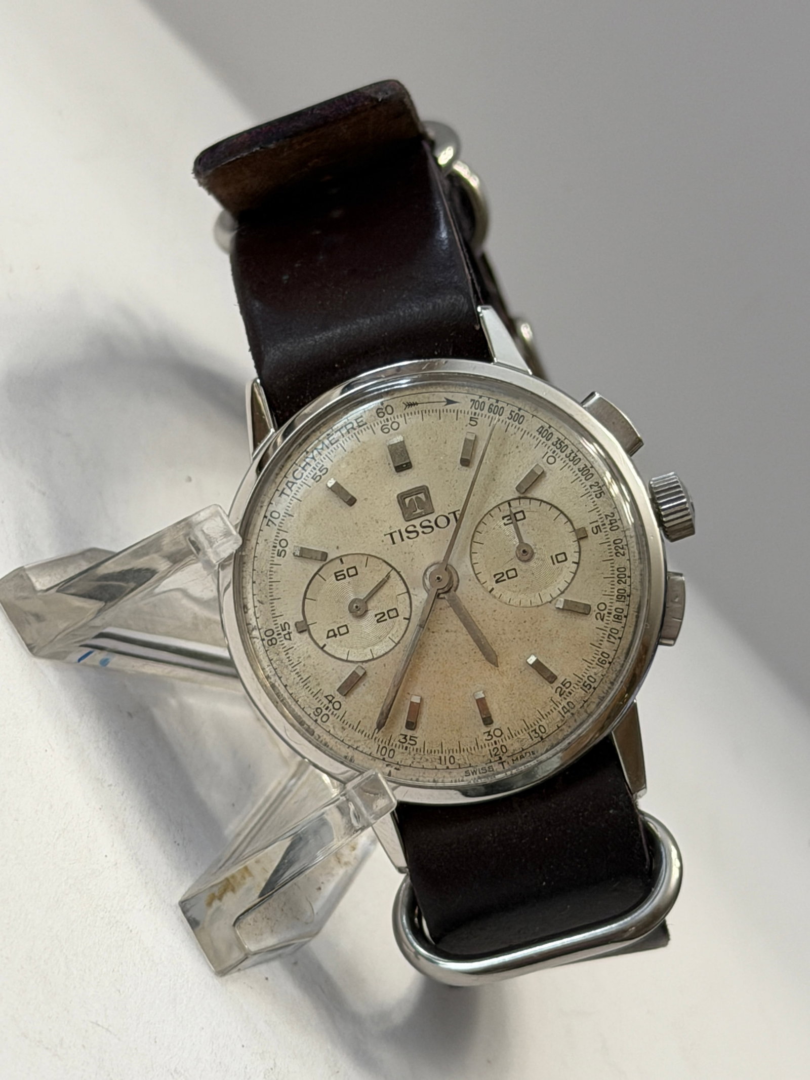 Vintage Tissot Two-Register Chronograph Wristwatch ? Silver Dial: Vintage Tissot chronograph wristwatch featuring a clean silver-tone dial with dual recessed subdials, applied baton hour markers, and outer tachymeter scale. The watch has a classic mid-century chrono