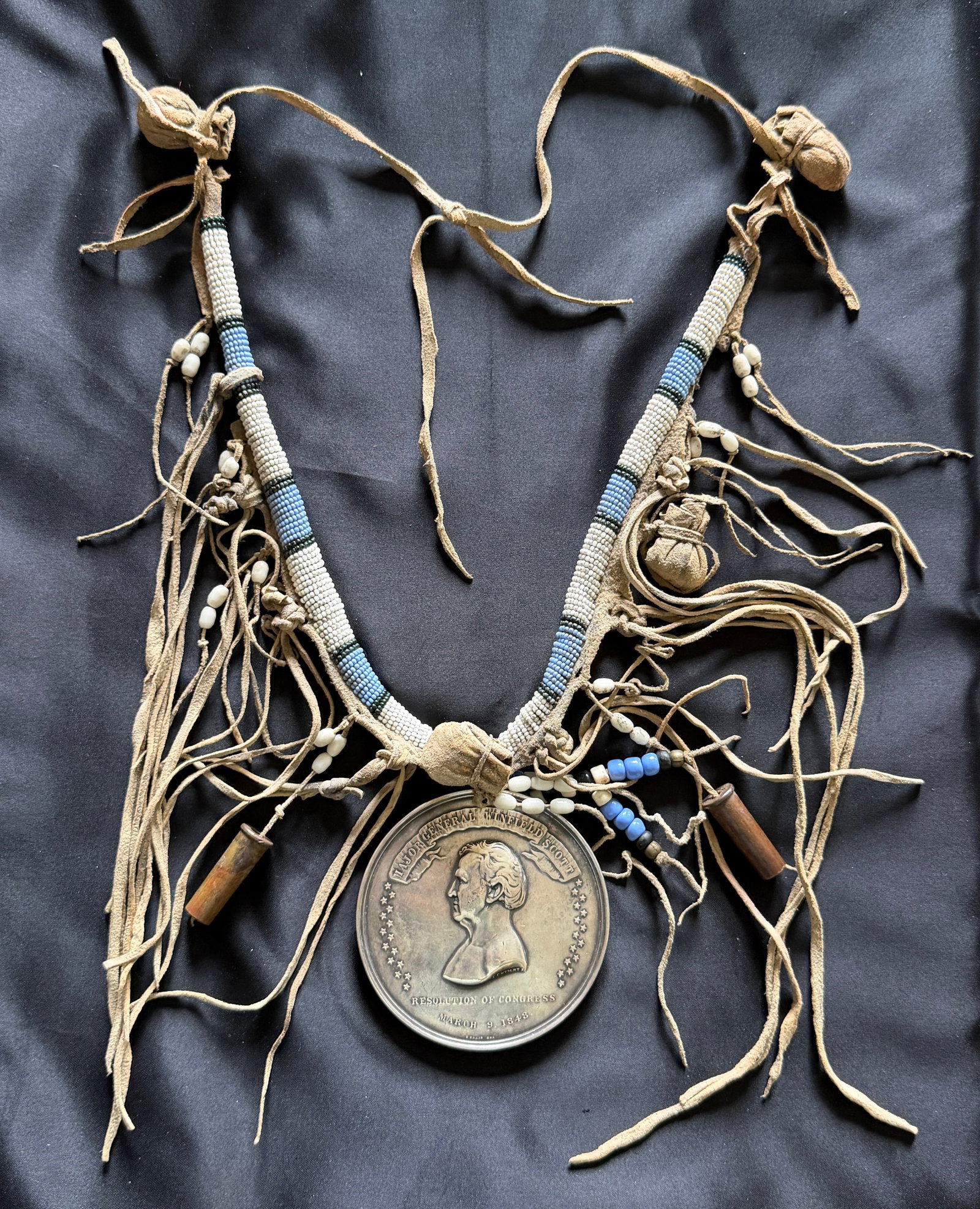 1848 Native American Sterling Silver Peace Medal With Beaded Necklace - Major General Winfield Scott: Exceptional authentic Native American beaded leather necklace featuring an original sterling silver Major General Winfield Scott peace medal pendant commemorating the Resolution of Congress dated Marc
