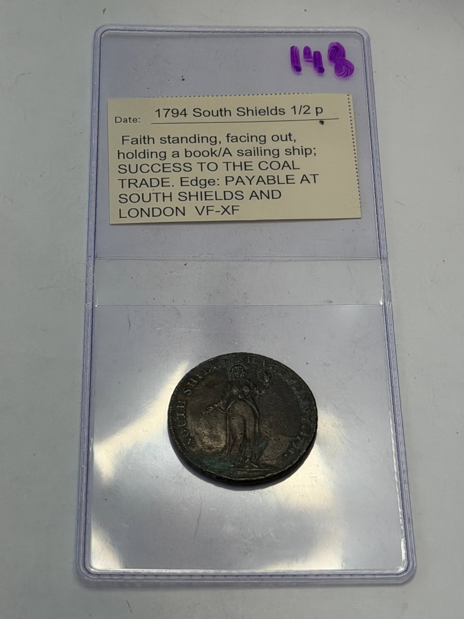 1794 South Shields Half Penny Conder Token ? Success to the Coal Trade ? VF/XF (1 of 4)