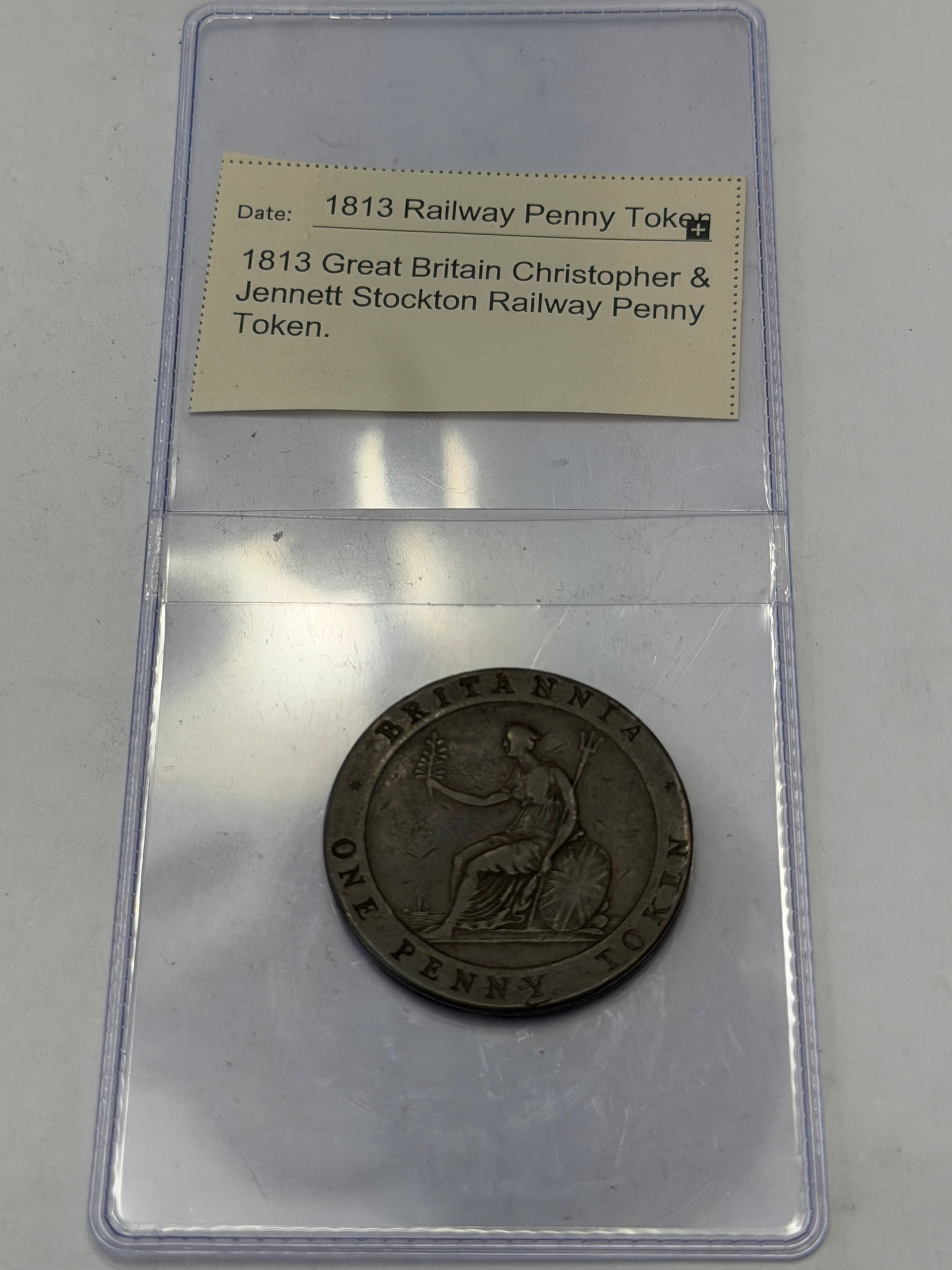 1813 Great Britain Christopher & Jennett Stockton Railway Penny Token: Historic 1813 Great Britain Christopher & Jennett Stockton Railway Penny Token struck in copper during the early Industrial Revolution era. This fascinating token was issued by Christopher & Jennett o