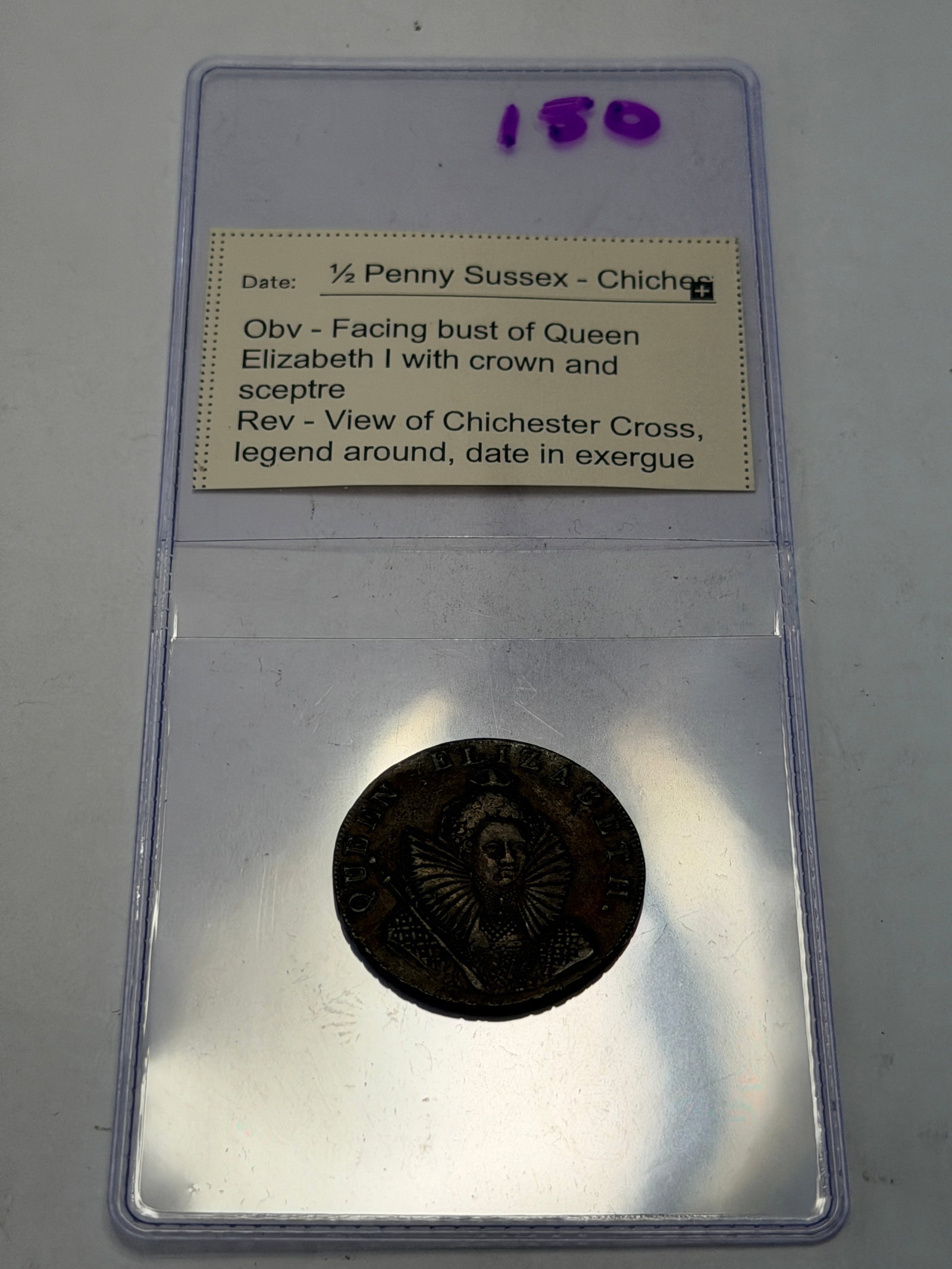 1794 Sussex ? Chichester Half Penny Token Featuring Queen Elizabeth I and Chichester Cross: Historic Sussex–Chichester Half Penny token featuring an impressive portrait of Queen Elizabeth I on the obverse and the famous Chichester Cross monument on the reverse. Struck in copper during 