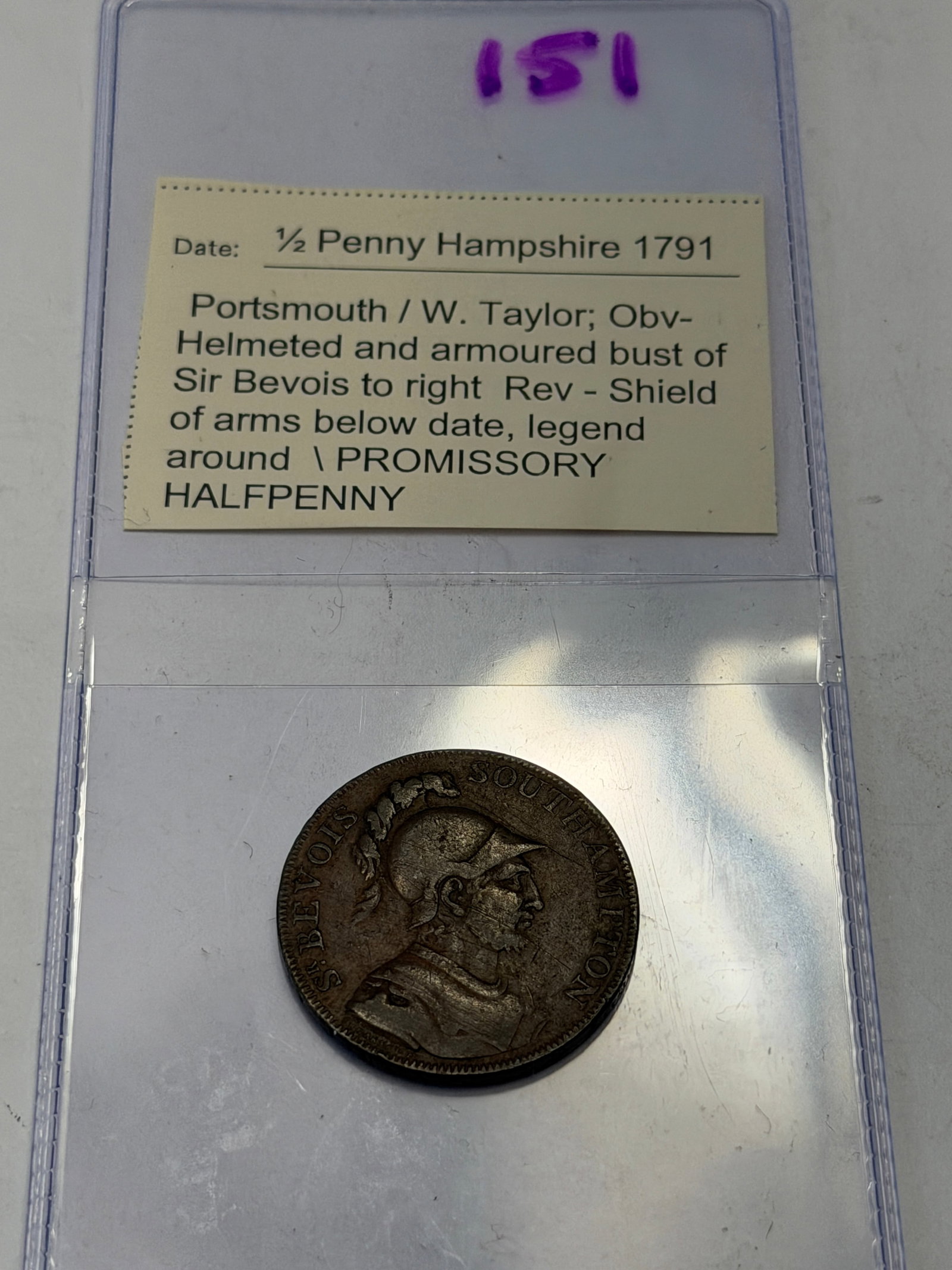 1791 Hampshire Portsmouth Promissory Halfpenny Token ? Sir Bevois (1 of 4)